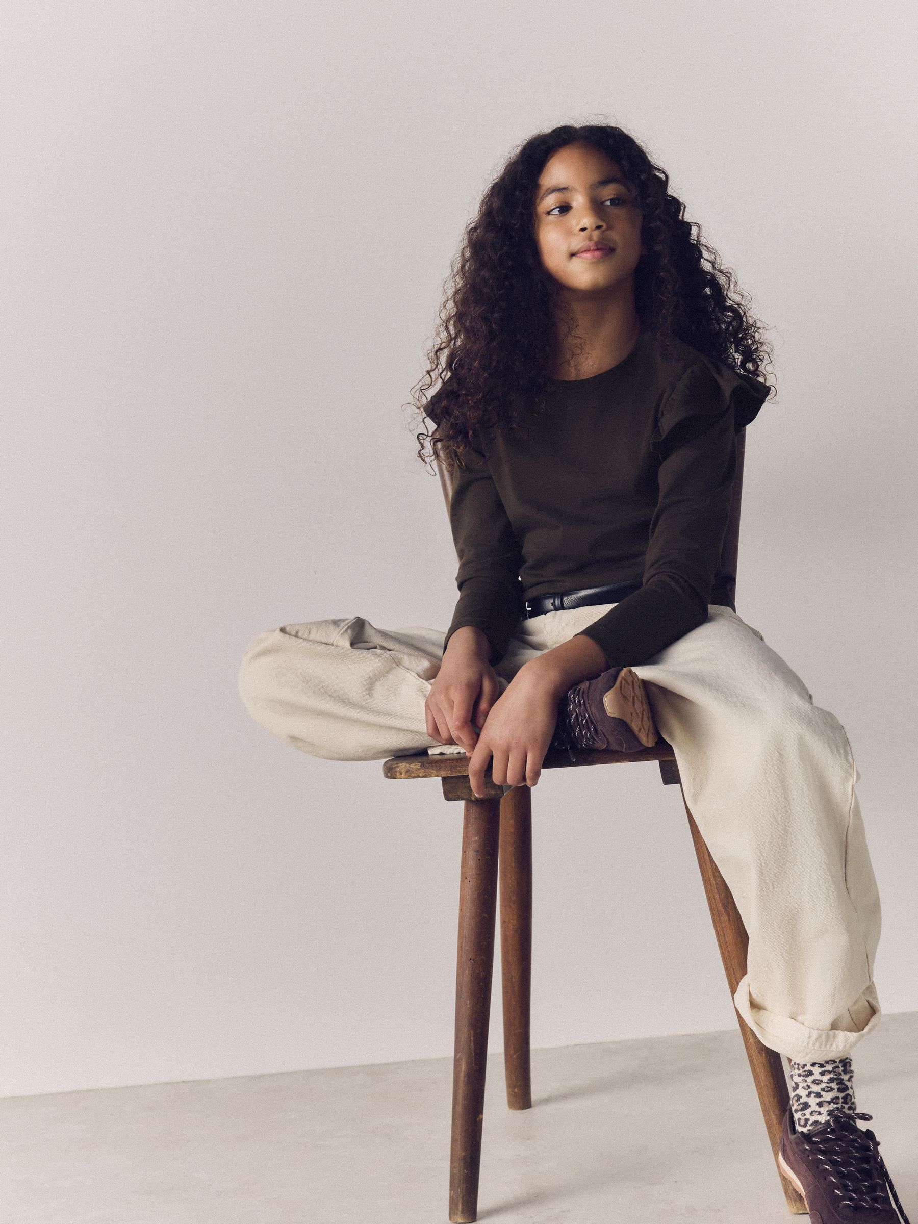 Brown/Cream 4 Pack Long Sleeve Ruffle Cotton T-Shirts - Image 1 of 6