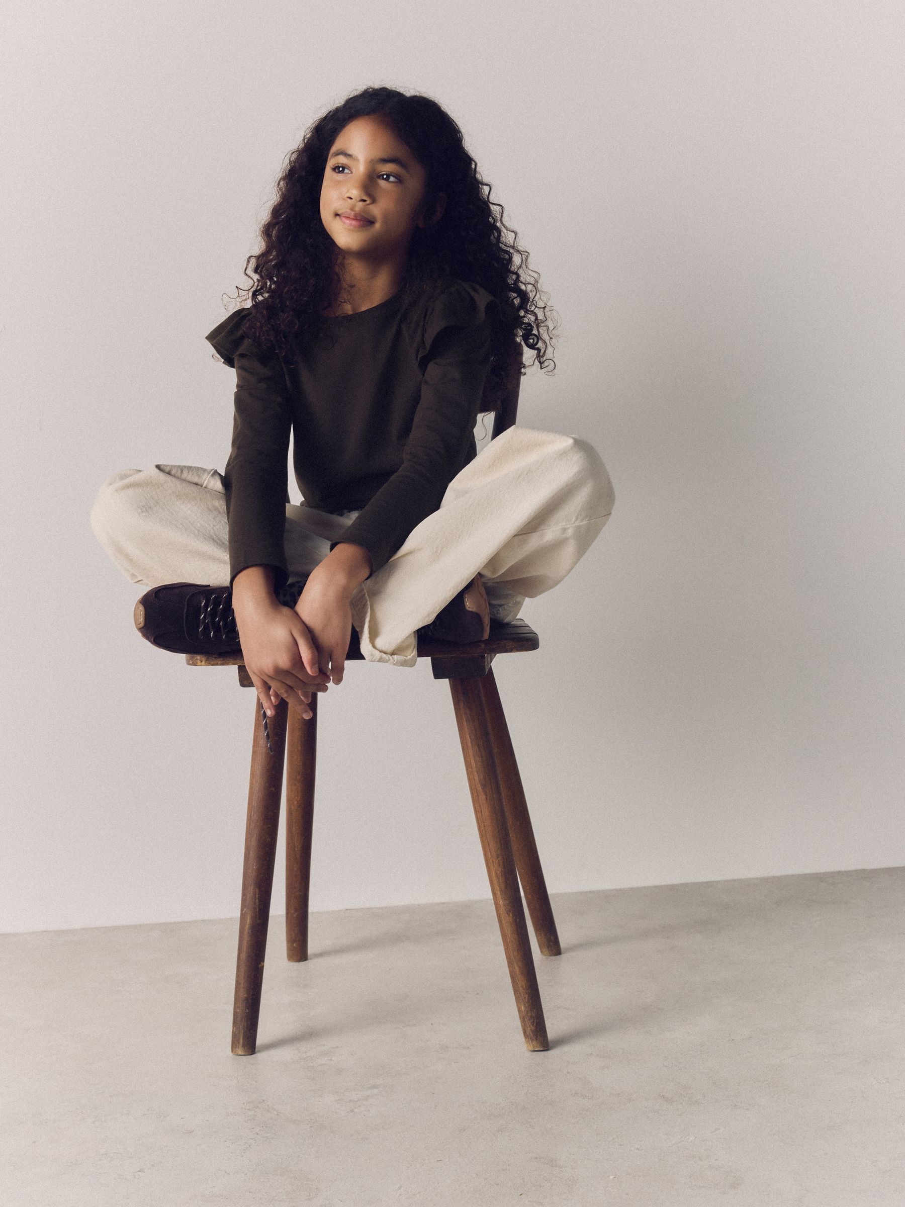 Brown/Cream 4 Pack Long Sleeve Ruffle Cotton T-Shirts - Image 5 of 6