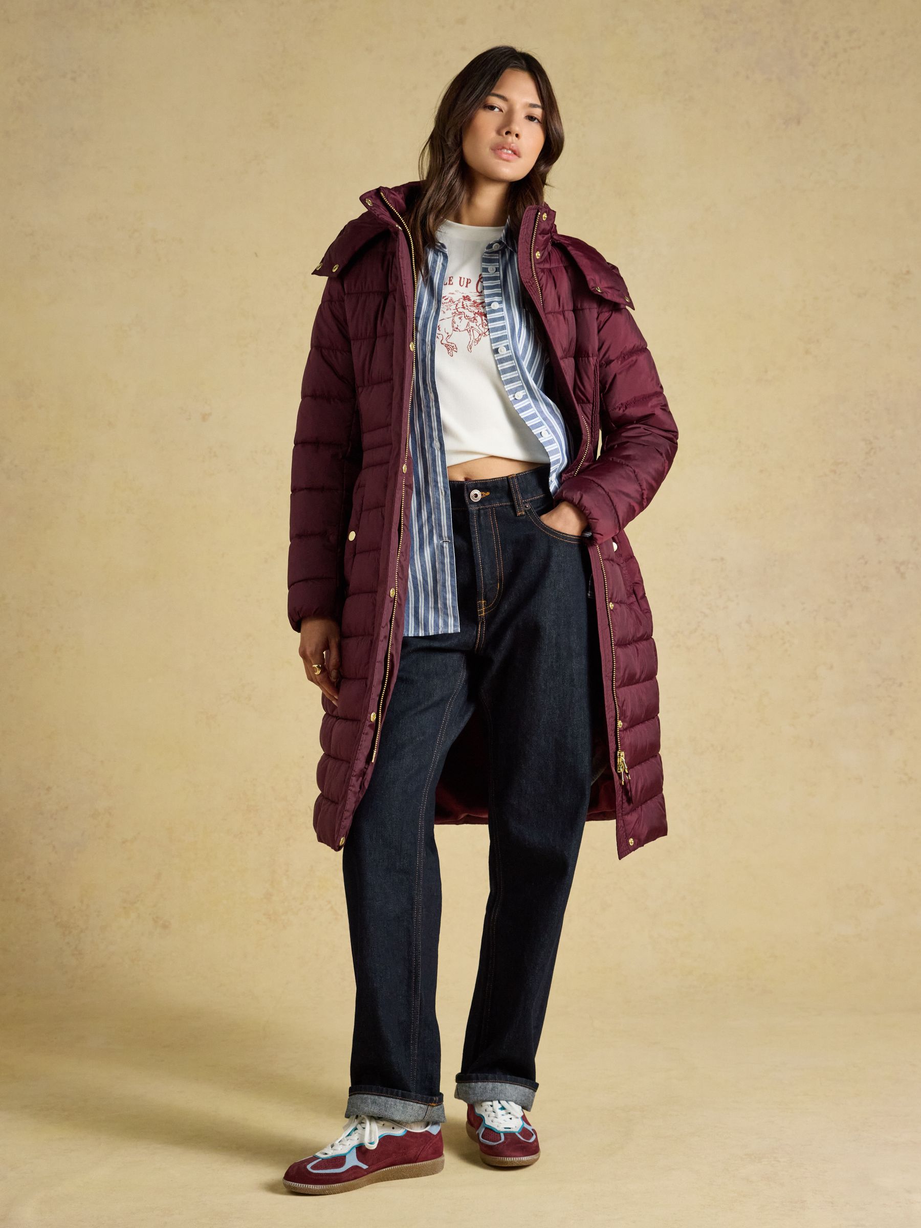 Windborough Burgundy Red Showerproof Longline Padded Coat with Hood - Image 5 of 10