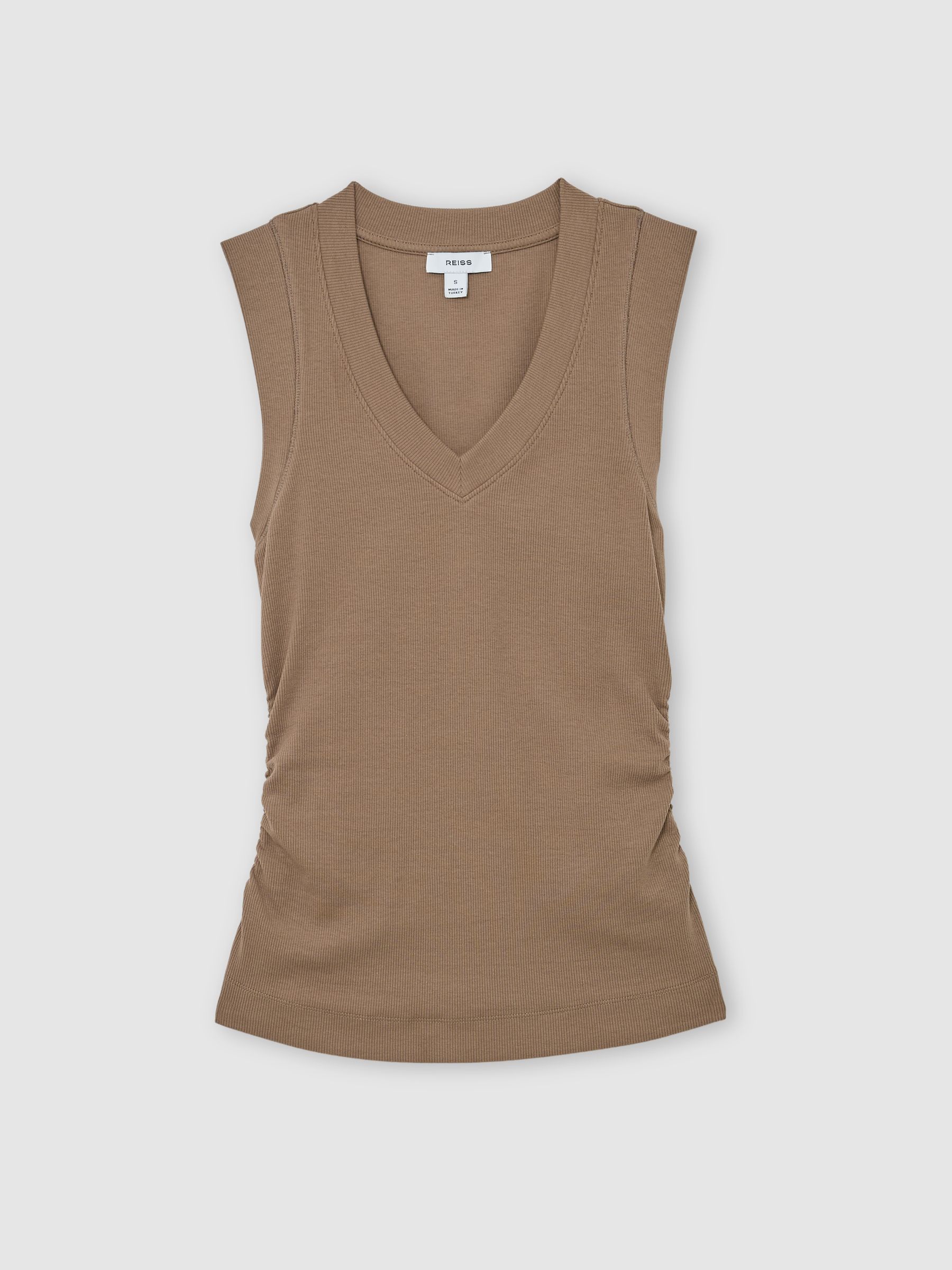 Stretch-Cotton Rib Ruched V-Neck Vest in Neutral - Image 2 of 6