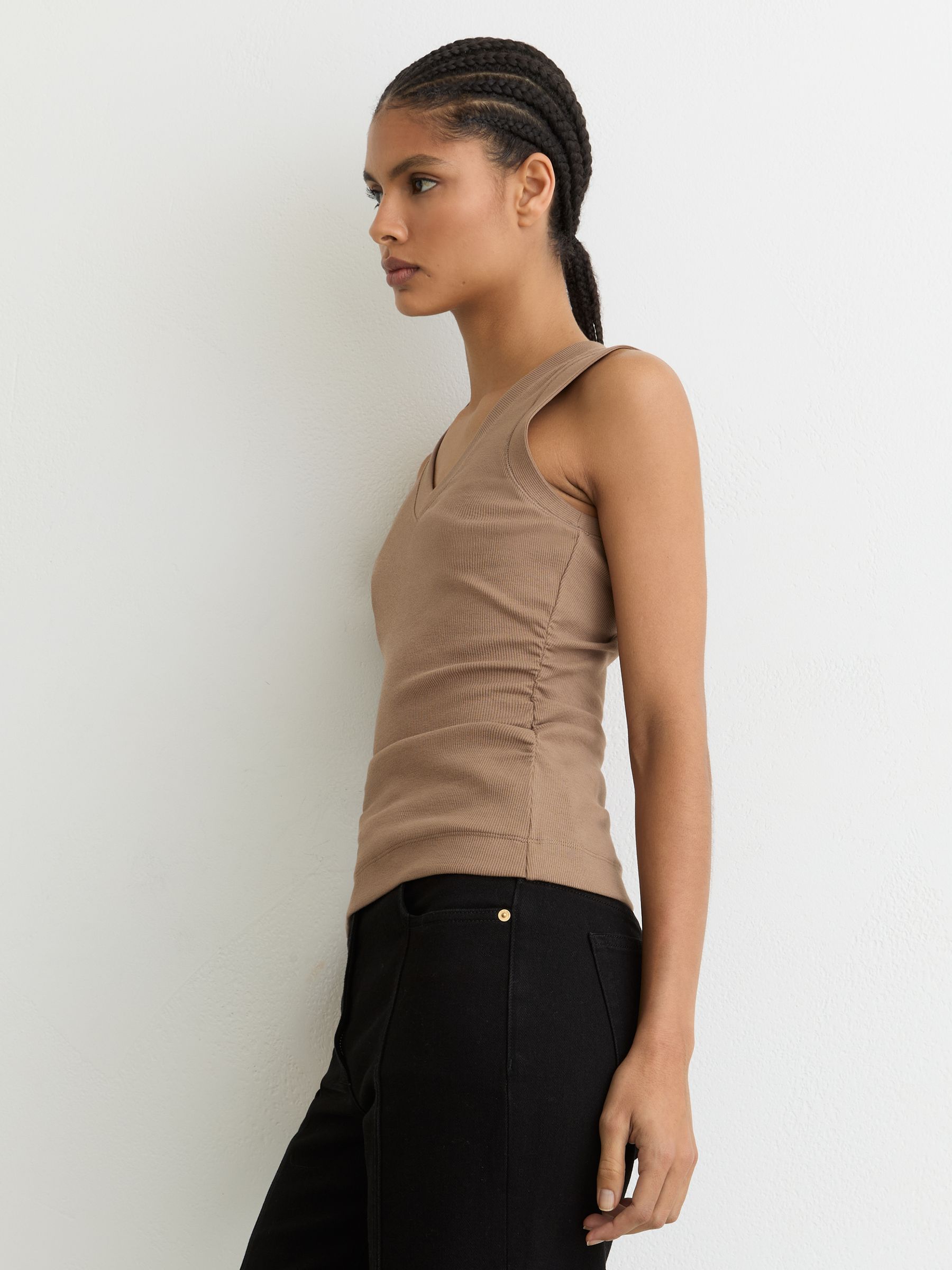 Stretch-Cotton Rib Ruched V-Neck Vest in Neutral - Image 3 of 6