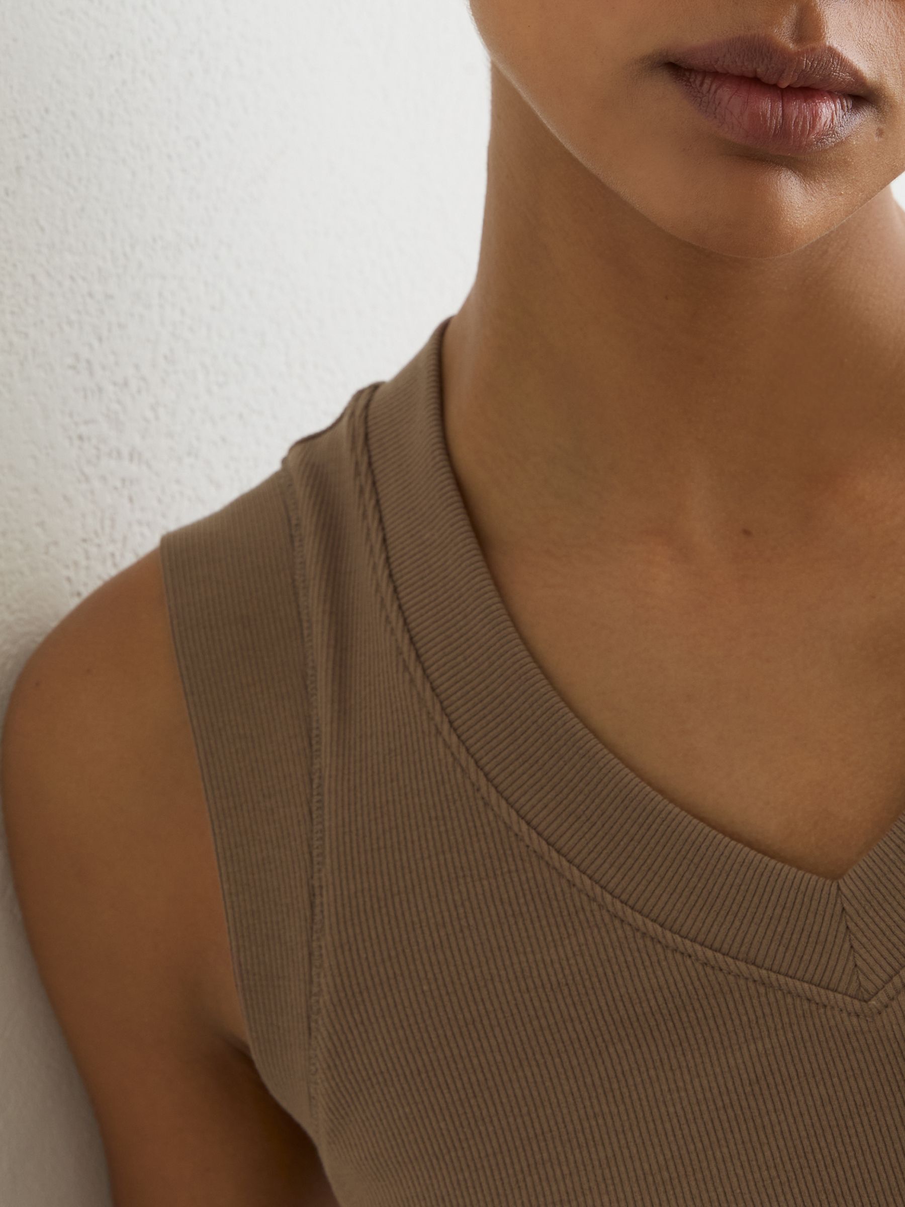 Stretch-Cotton Rib Ruched V-Neck Vest in Neutral - Image 4 of 6