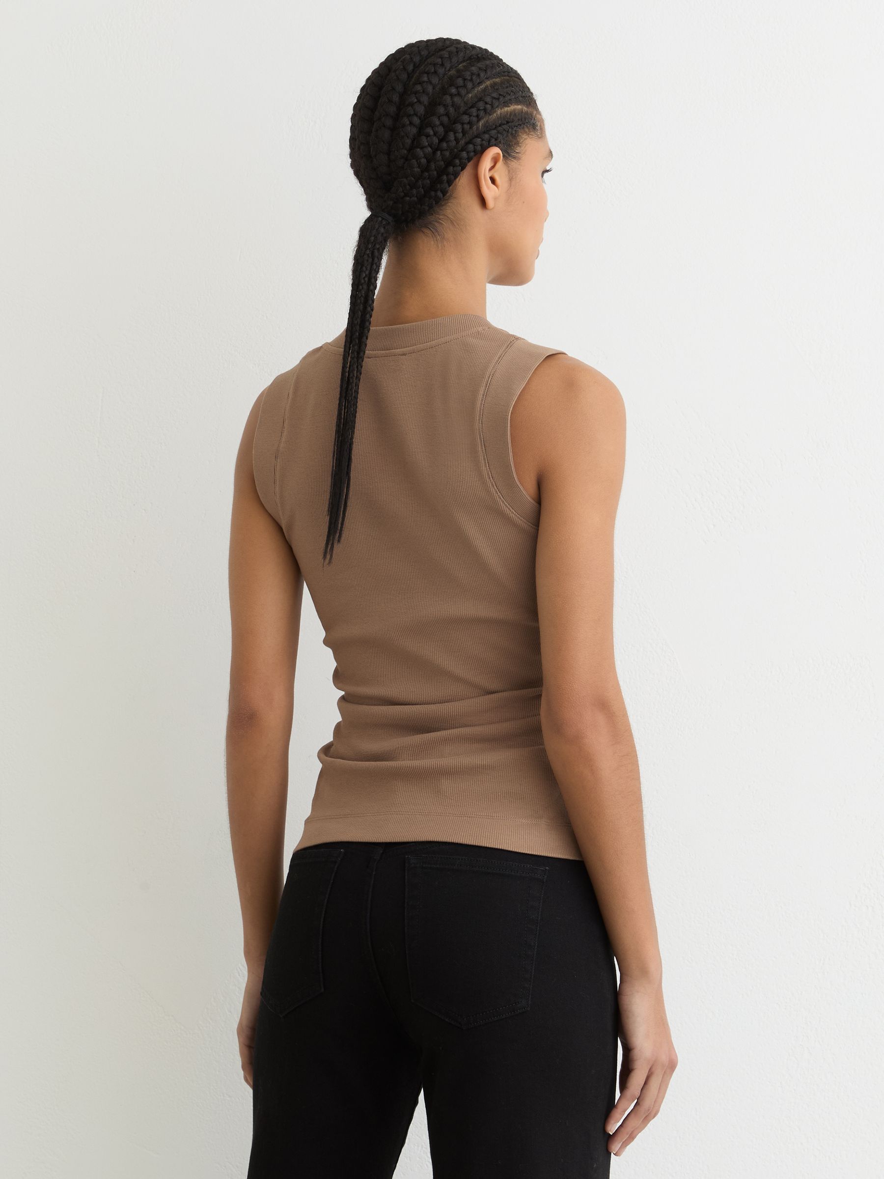Stretch-Cotton Rib Ruched V-Neck Vest in Neutral - Image 5 of 6
