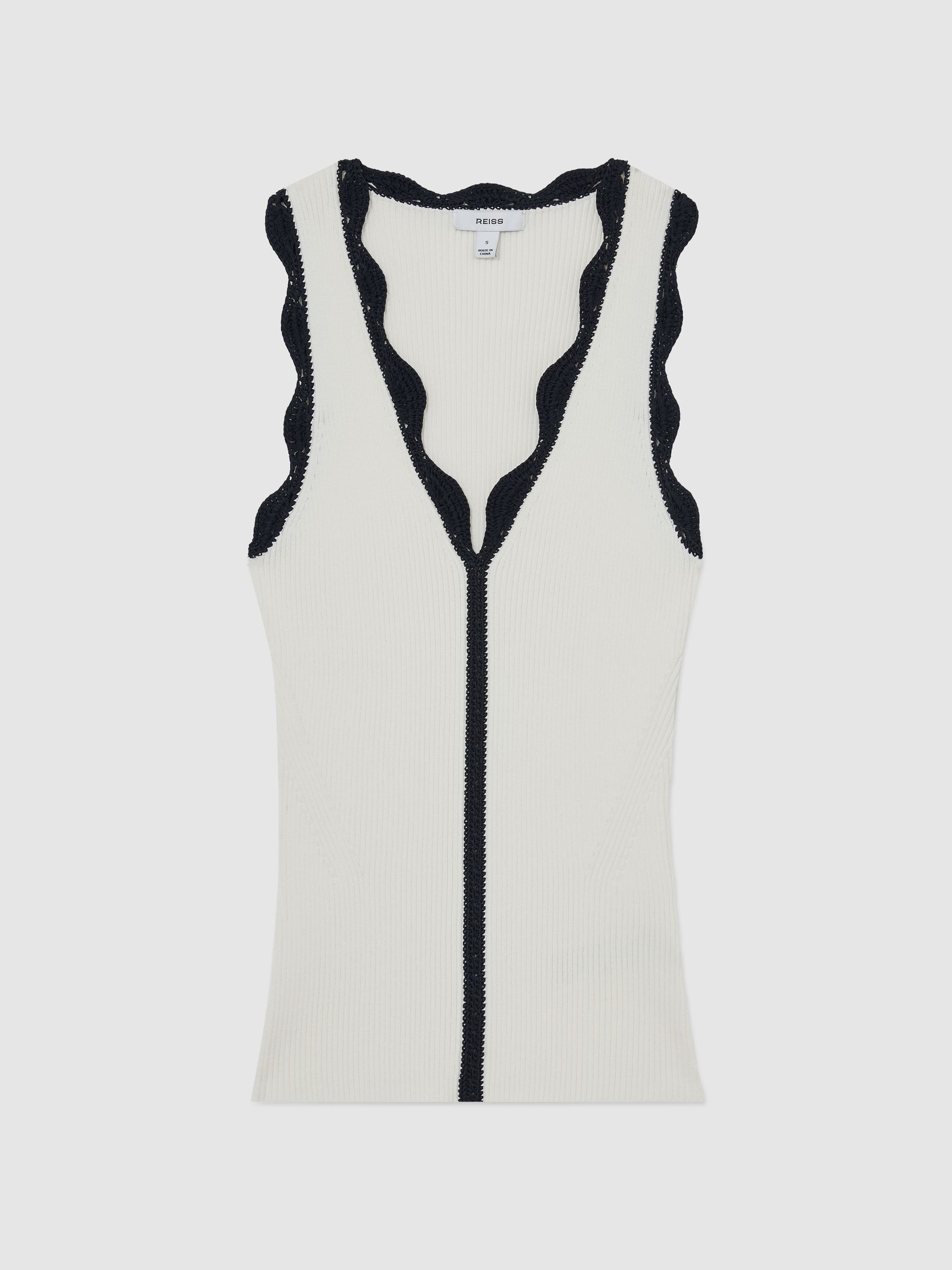 Scallop-Trim Rib-Knit Vest in Ivory/Navy - image 1