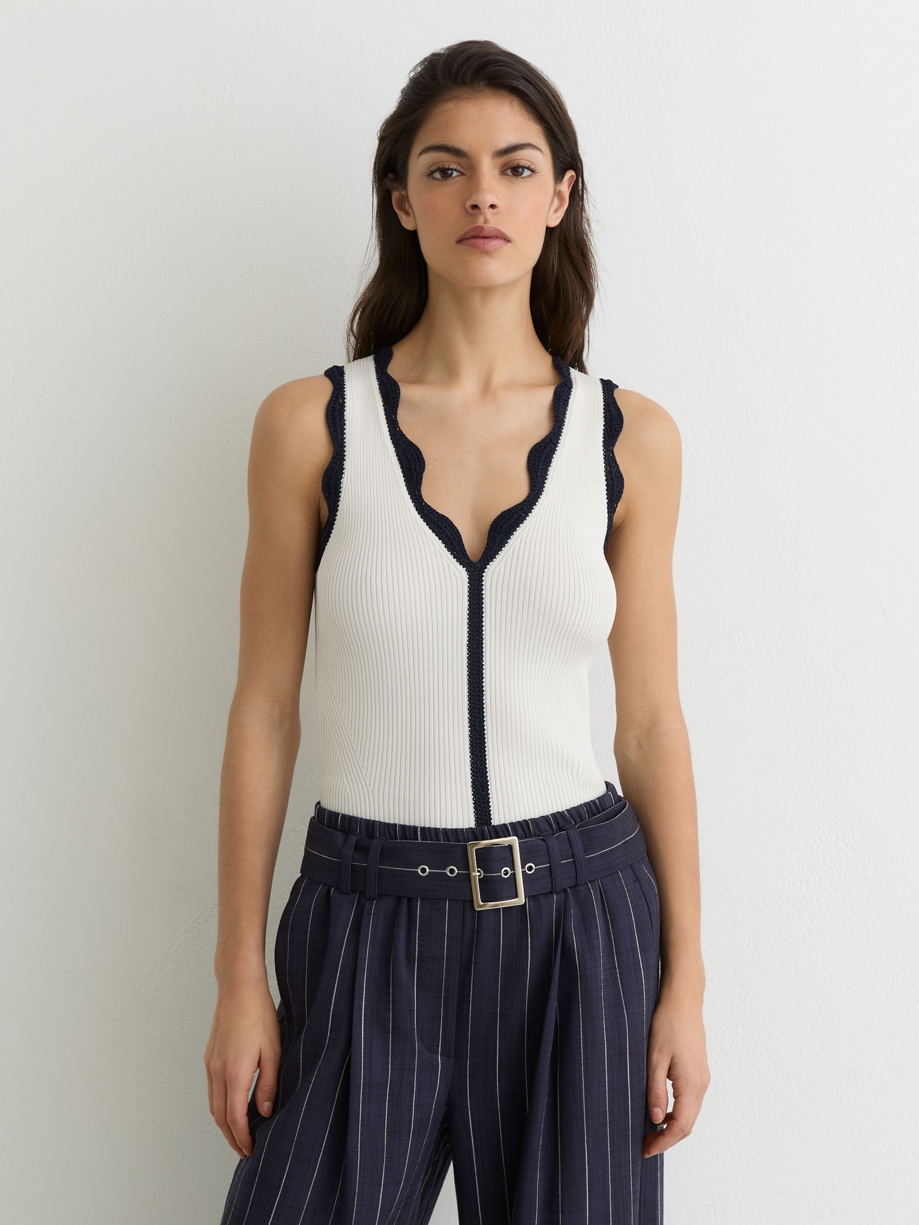 Scallop-Trim Rib-Knit Vest in Ivory/Navy - image 4