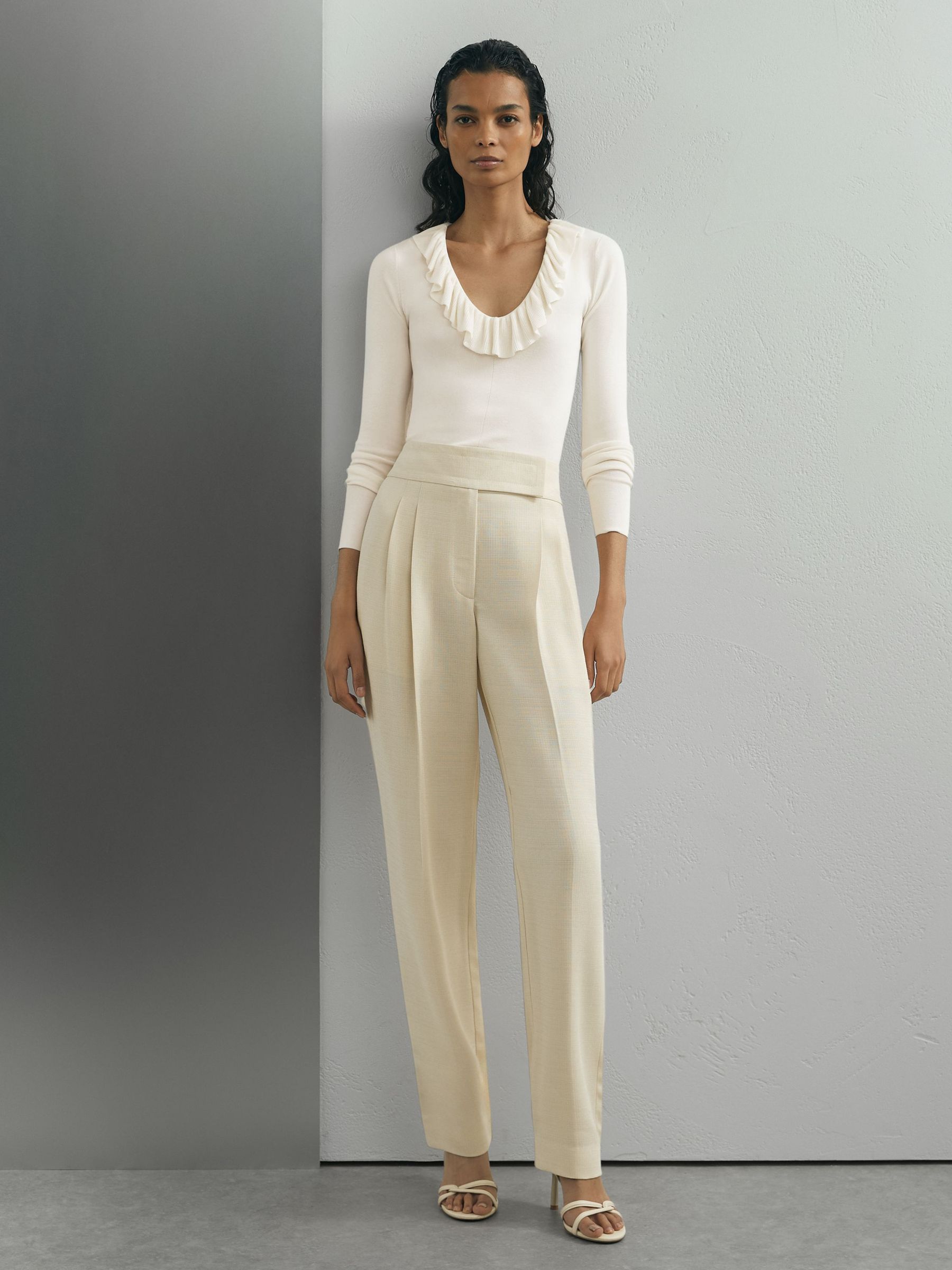 Atelier Silk Blend Ruffle Neck Knitted Off White Top in Off White - Image 1 of 6