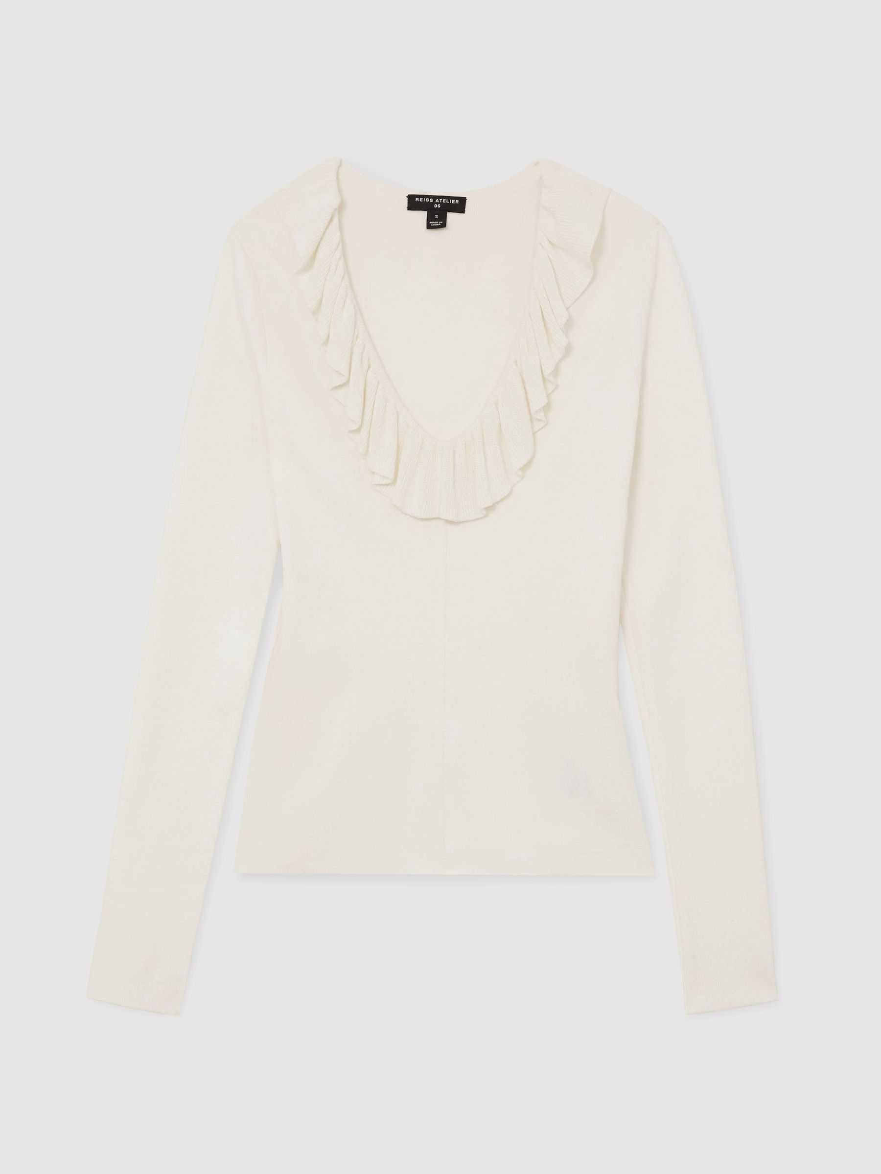 Atelier Silk Blend Ruffle Neck Knitted Off White Top in Off White - Image 2 of 6