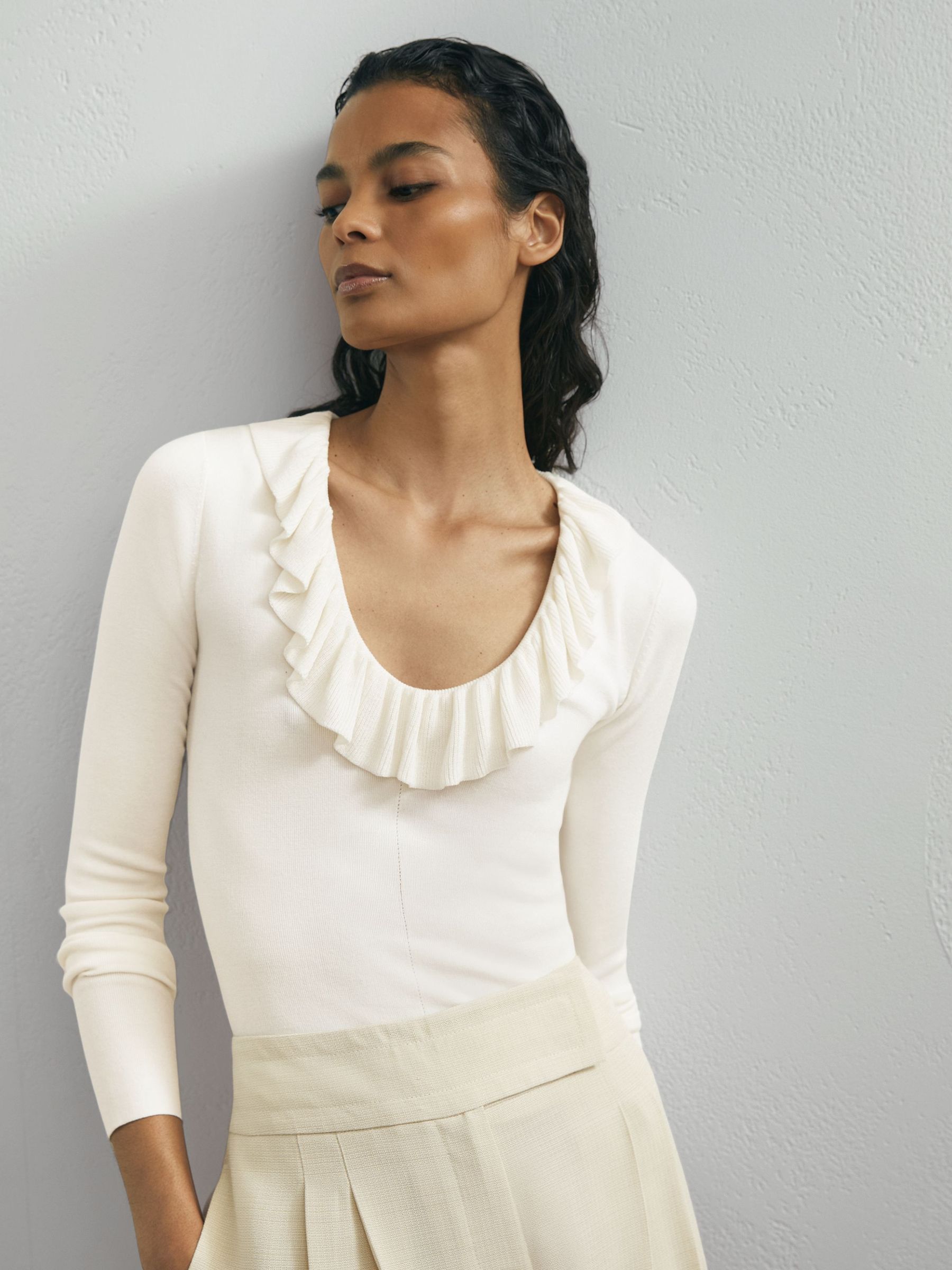 Atelier Silk Blend Ruffle Neck Knitted Off White Top in Off White - image 5