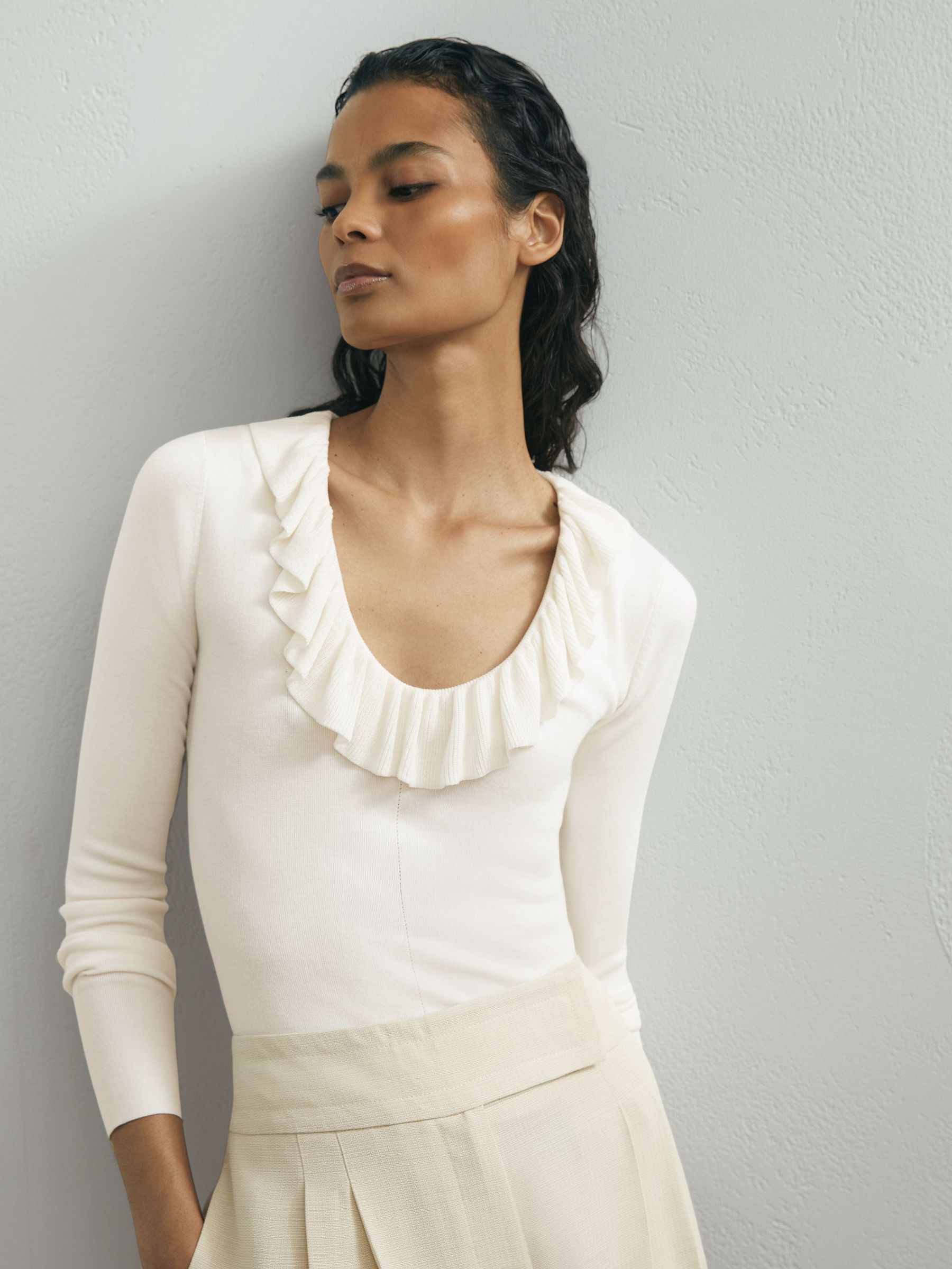 Atelier Silk Blend Ruffle Neck Knitted Off White Top in Off White - Image 4 of 6