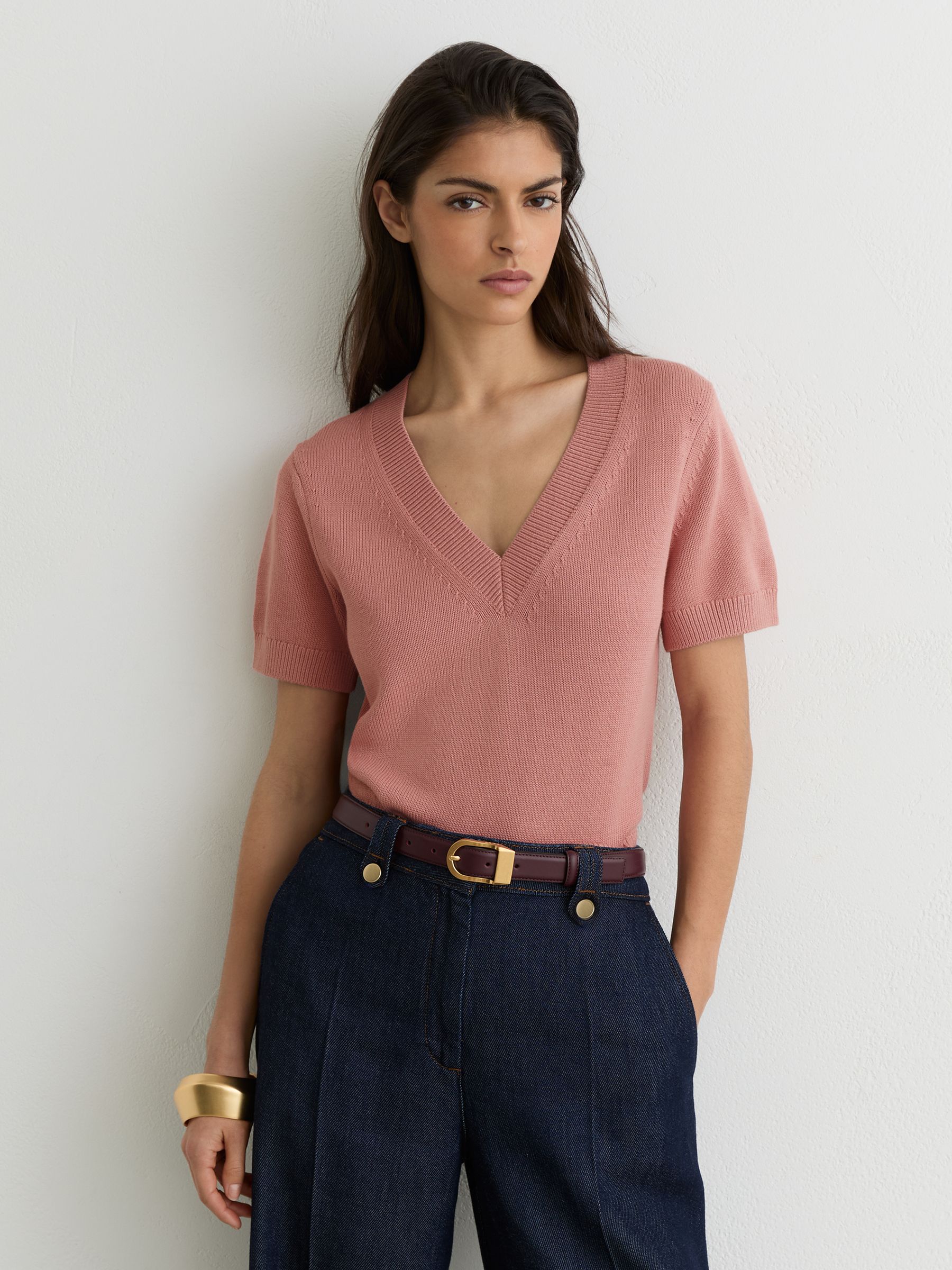 Cotton-Wool Knit V-Neck Top in Pink - image 2