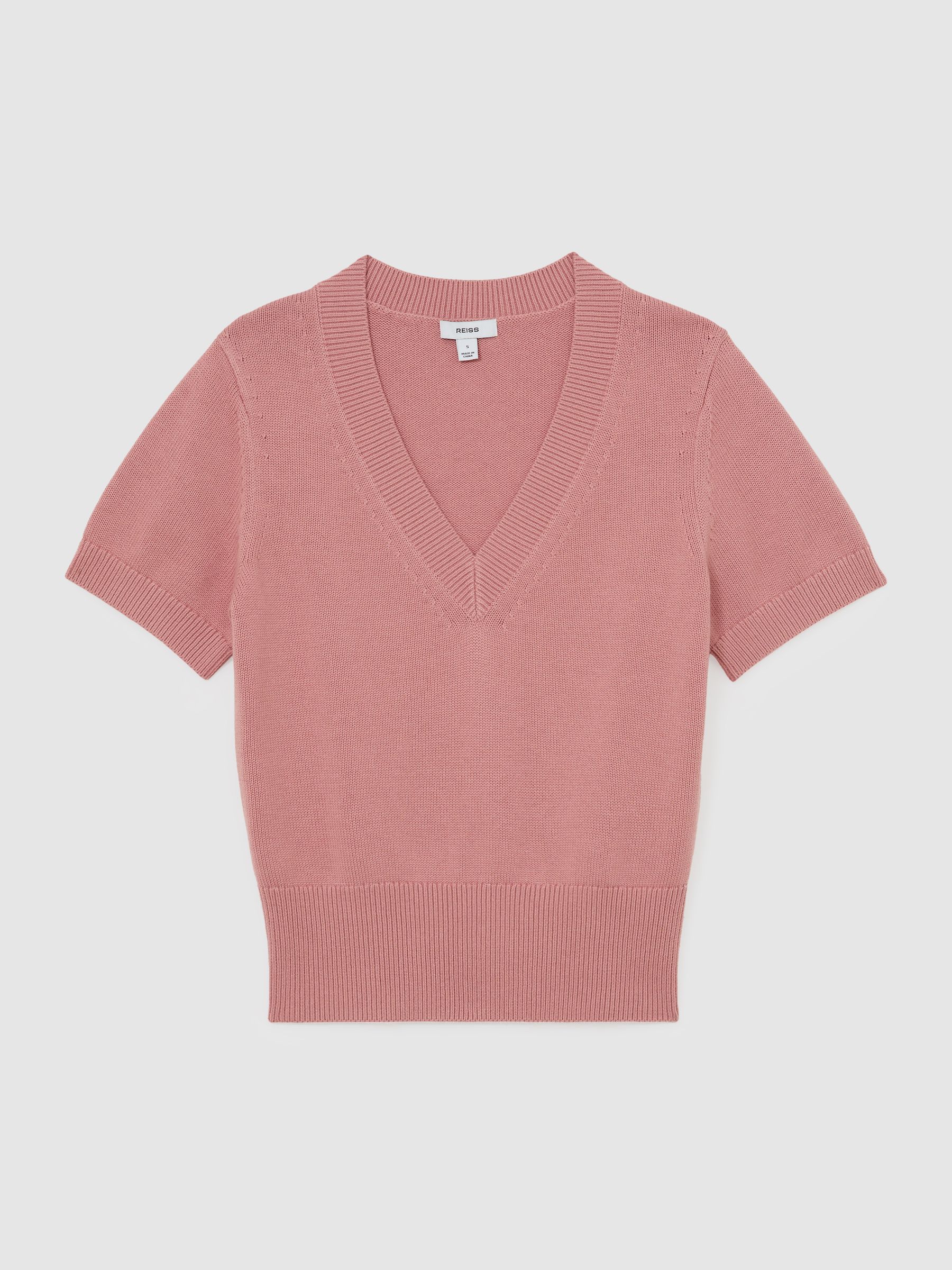 Cotton-Wool Knit V-Neck Top in Pink