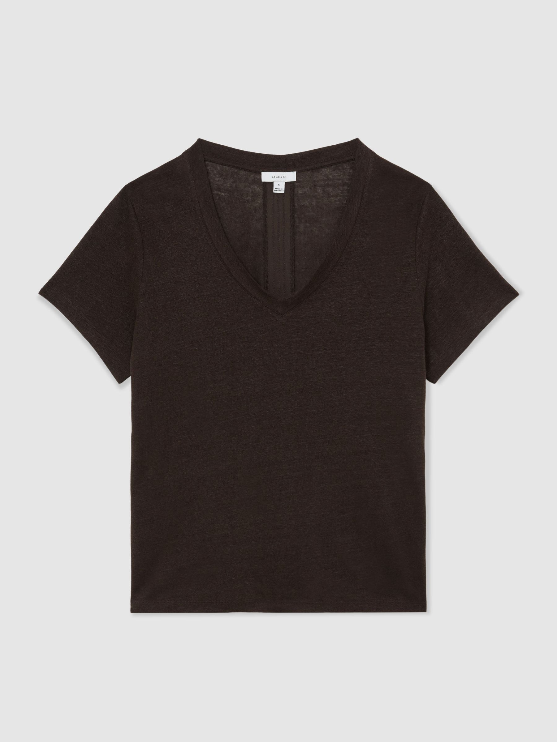 Linen V-Neck T-Shirt in Chocolate Brown