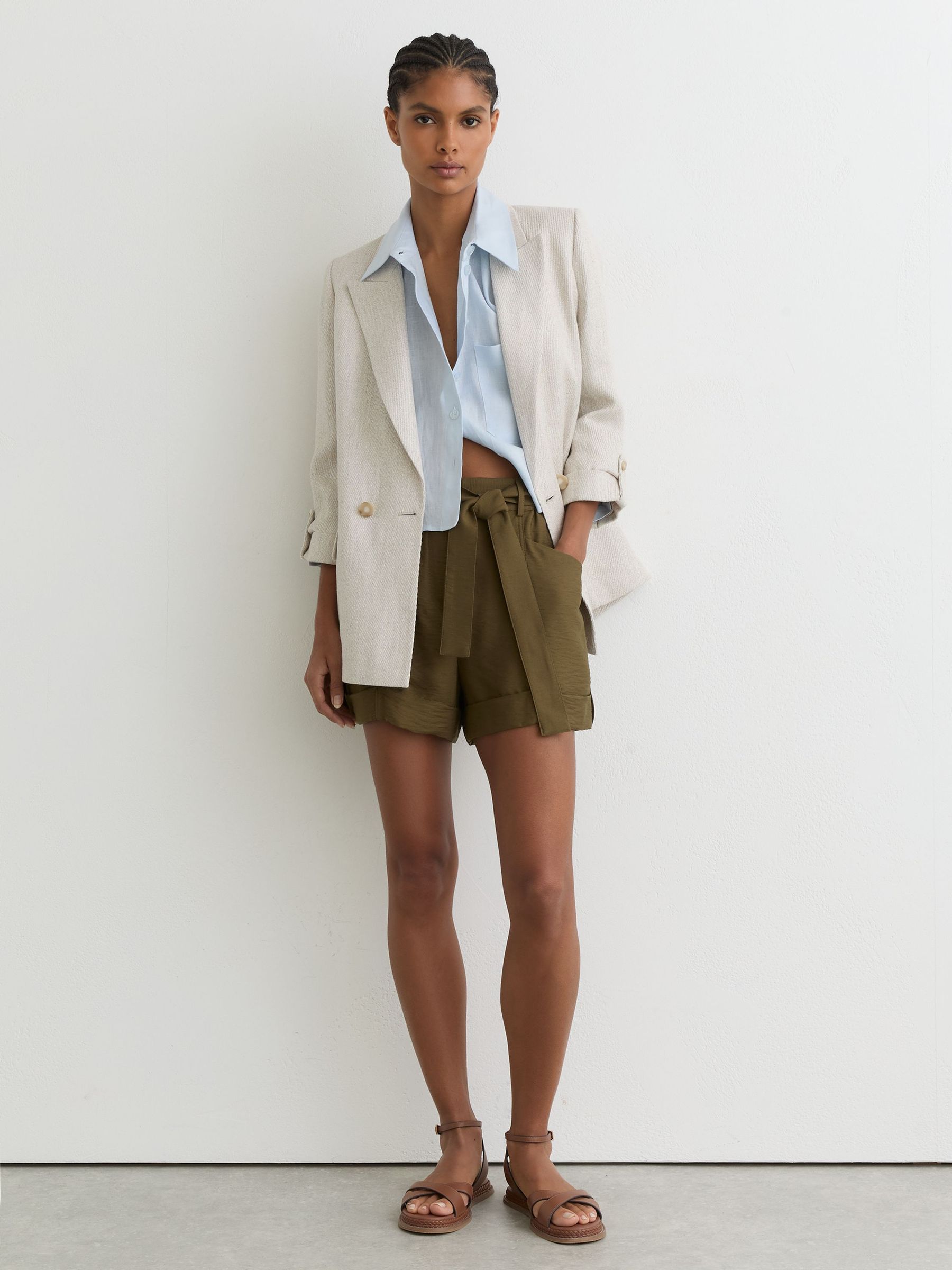Belted Button-Tab Shorts in Khaki Green - image 2
