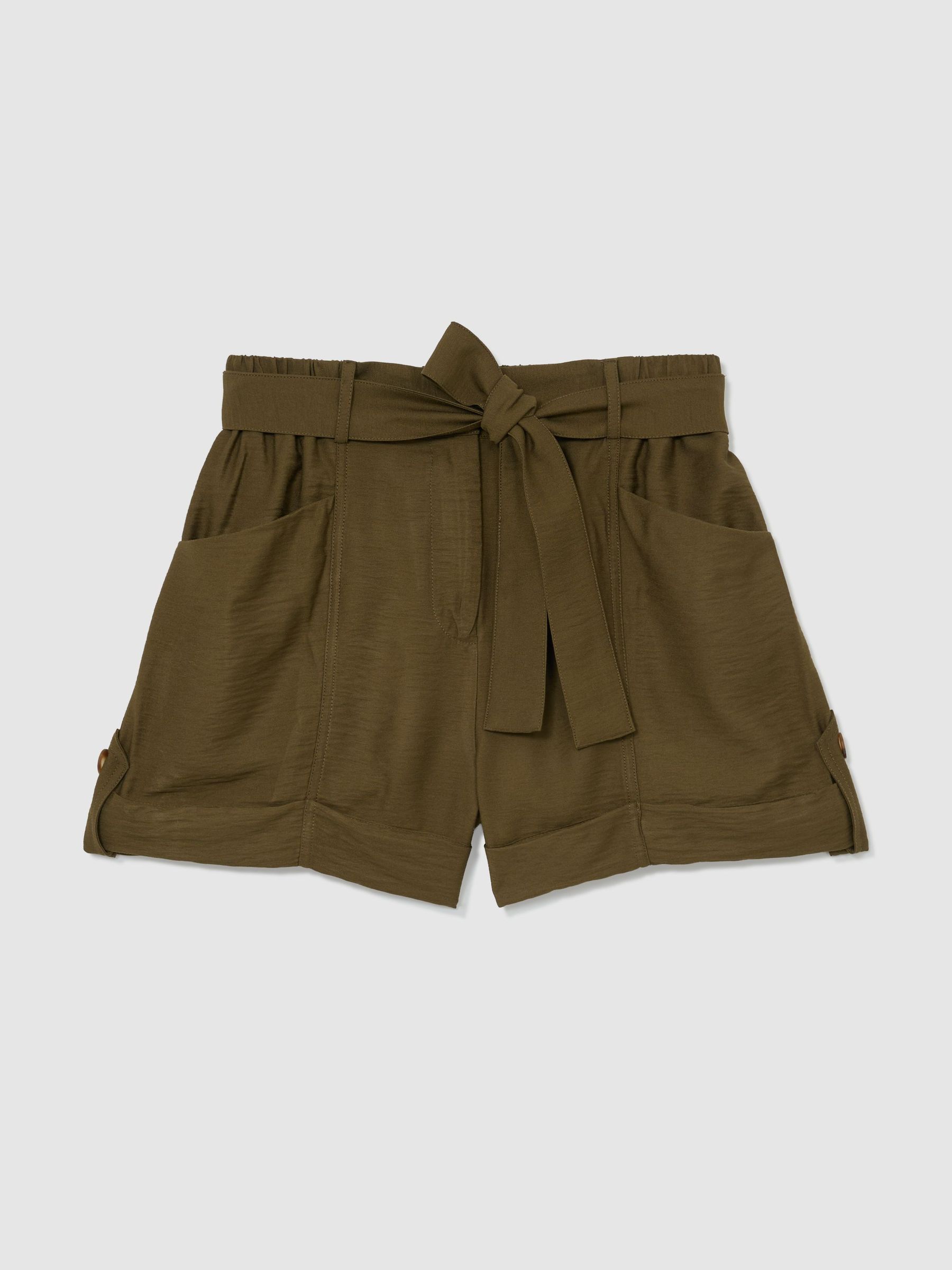 Belted Button-Tab Shorts in Khaki Green - image 1