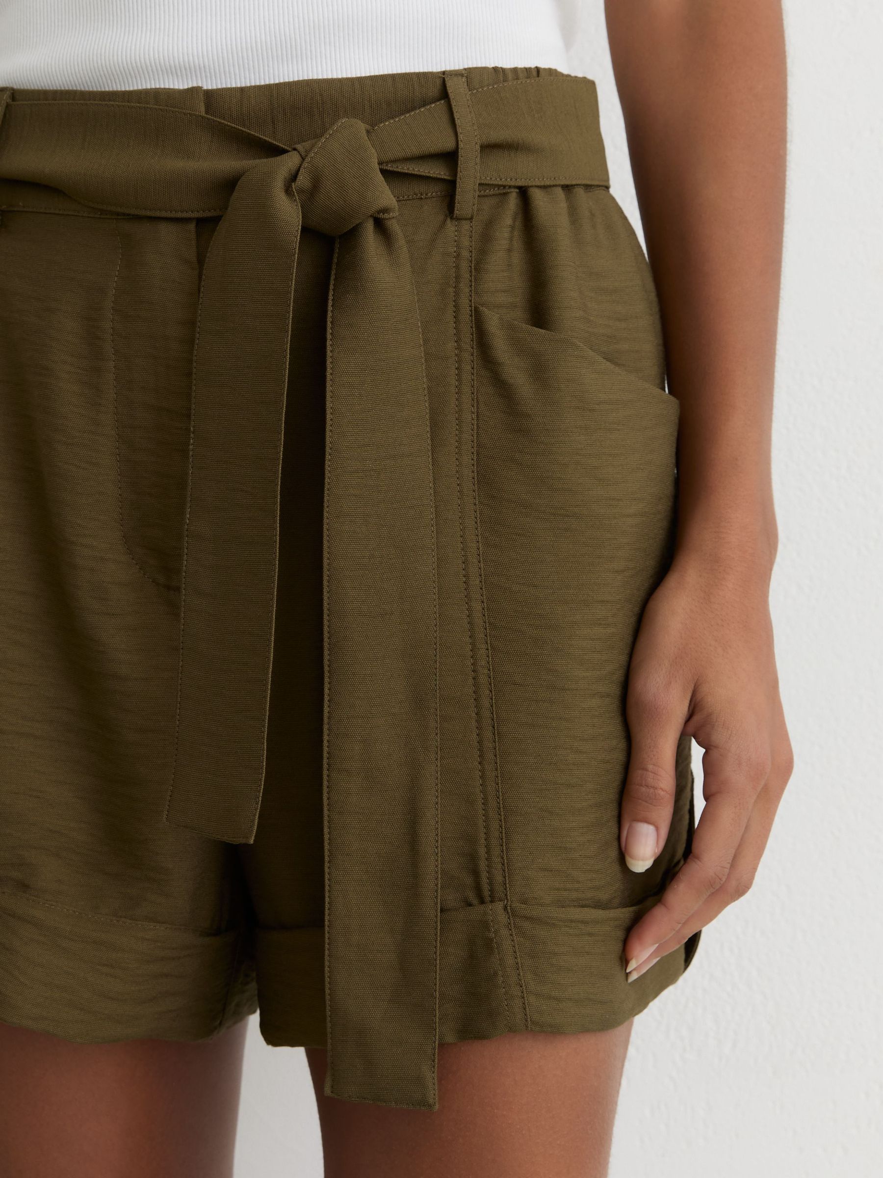 Belted Button-Tab Shorts in Khaki Green - image 5