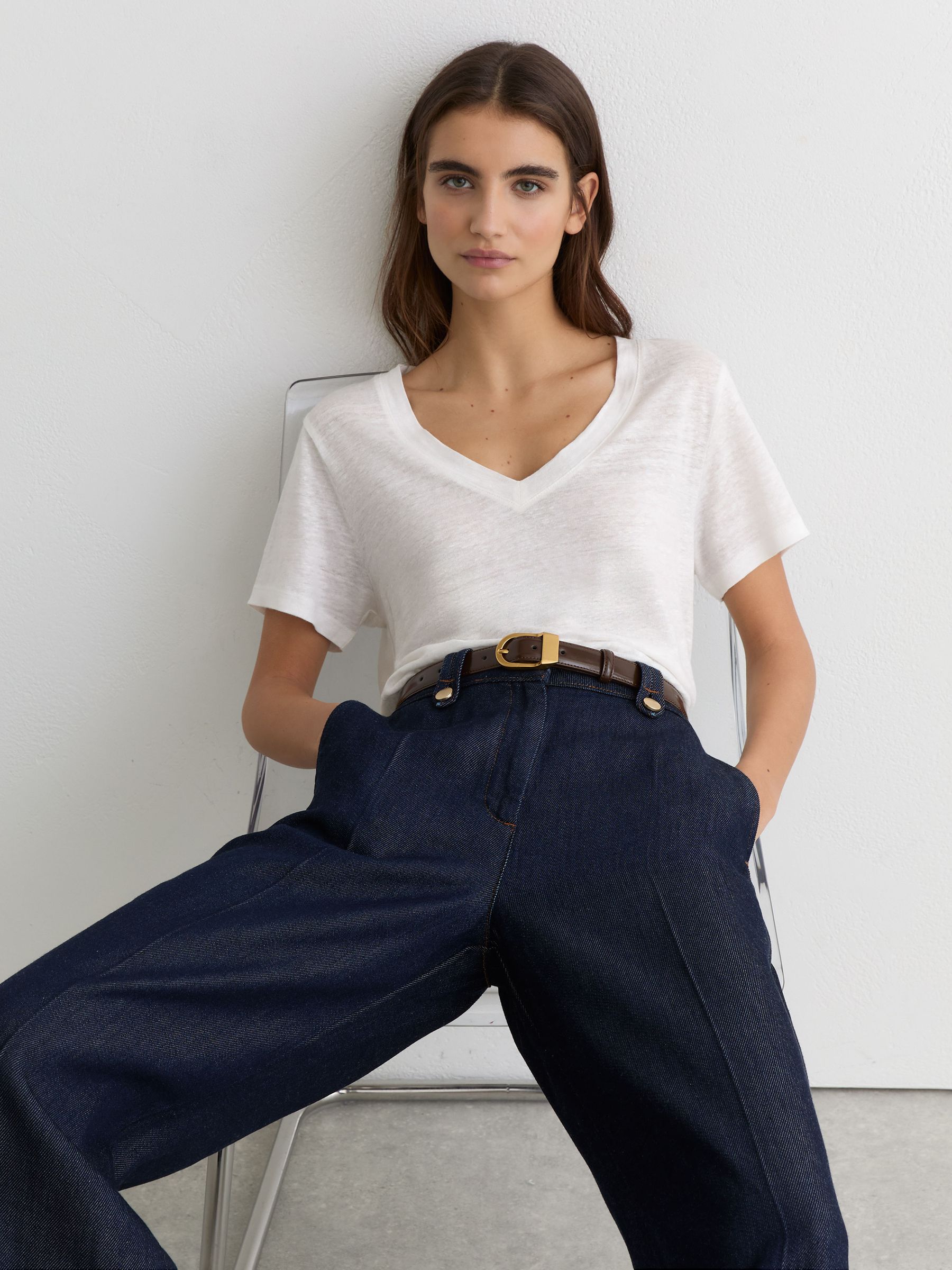 Linen V-Neck T-Shirt in White - image 5