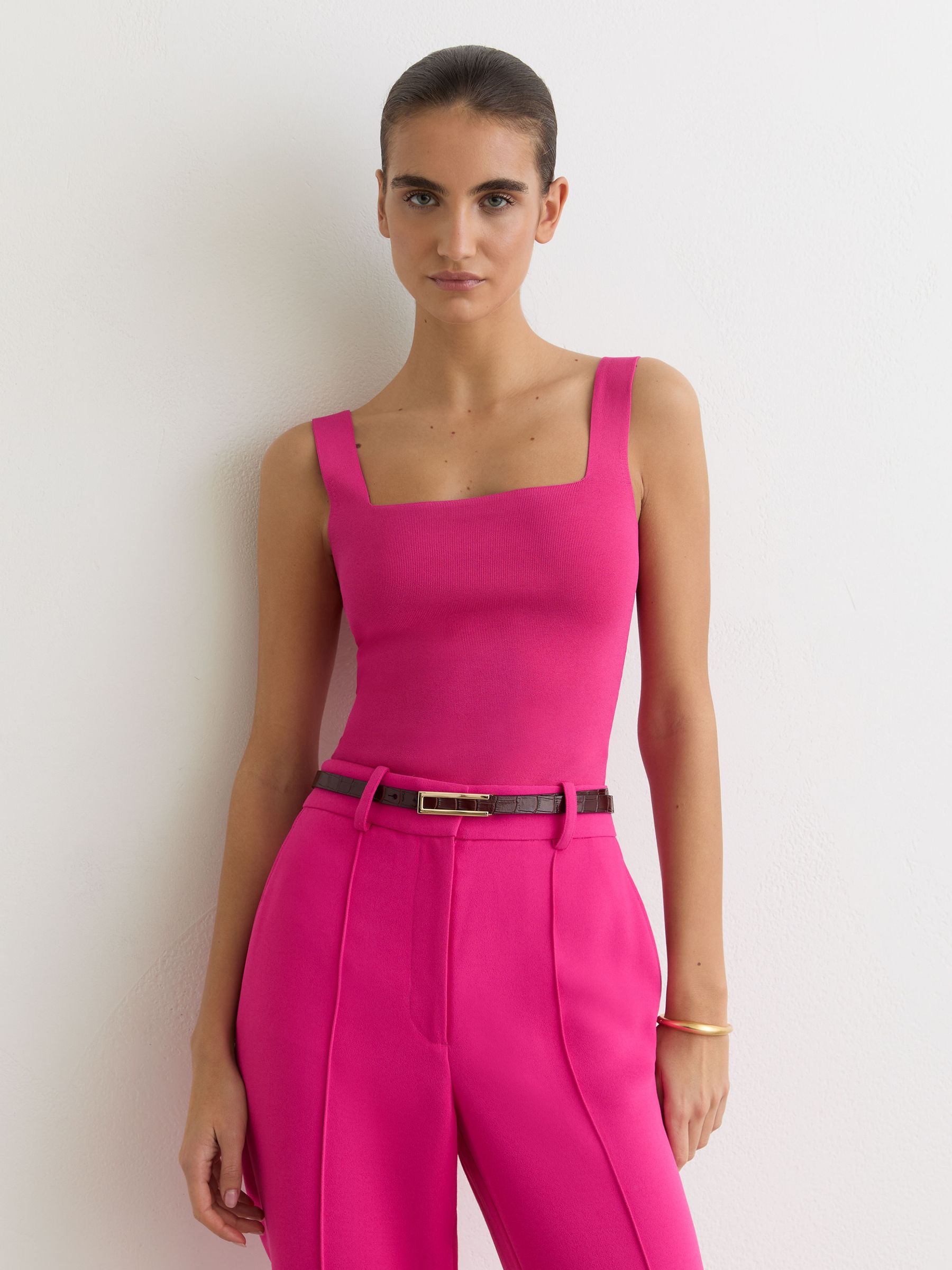 Square-Neck Compact-Knit Vest in Hot Pink - Image 3 of 6