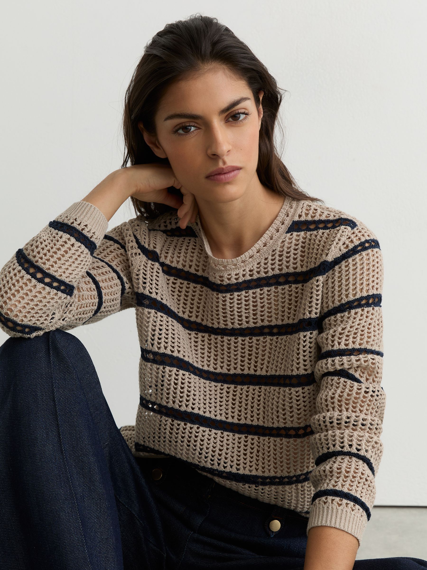 Cotton-Blend Open-Knit Stripe Jumper in Neutral/Navy - image 2