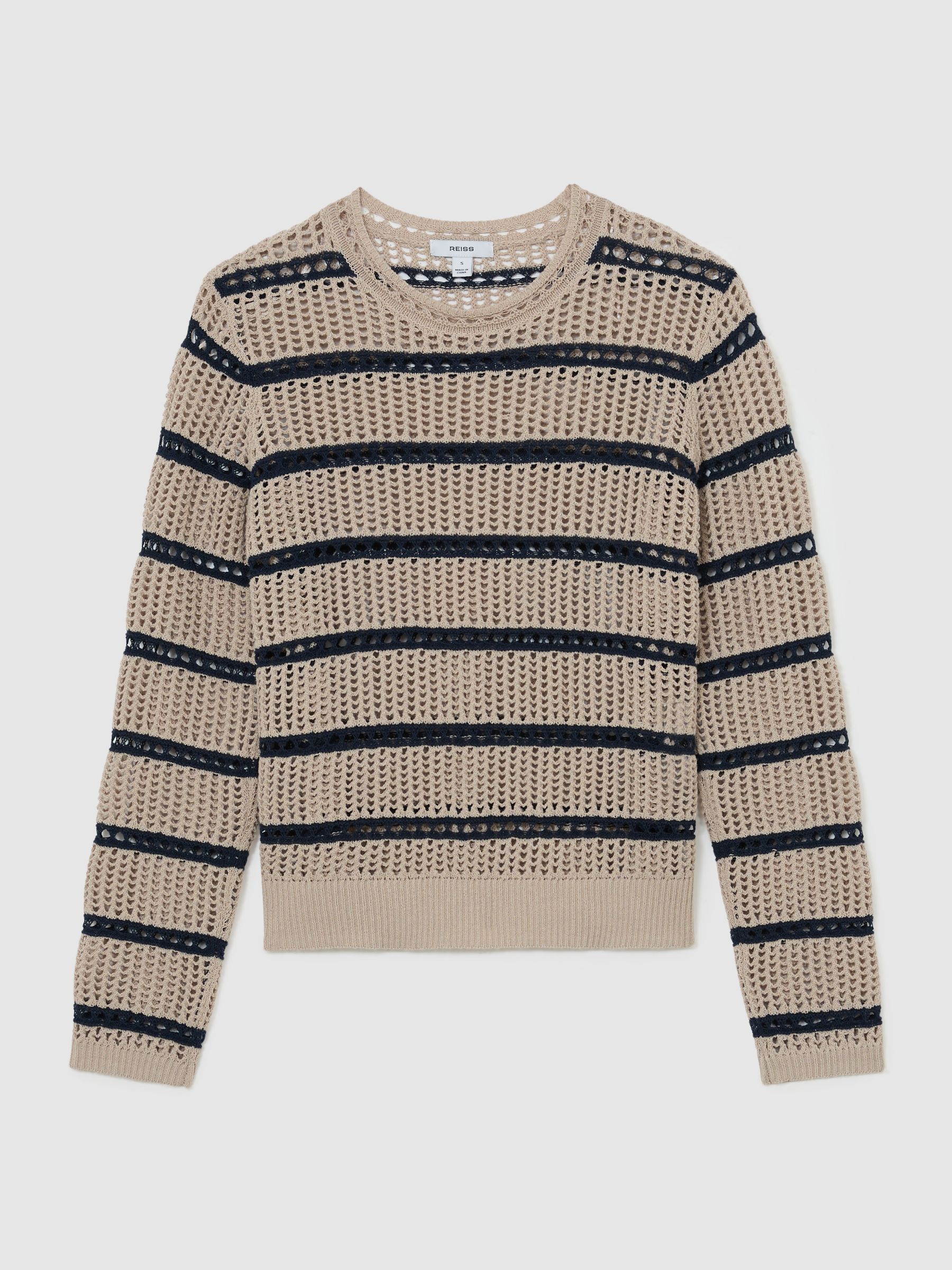 Cotton-Blend Open-Knit Stripe Jumper in Neutral/Navy - image 1