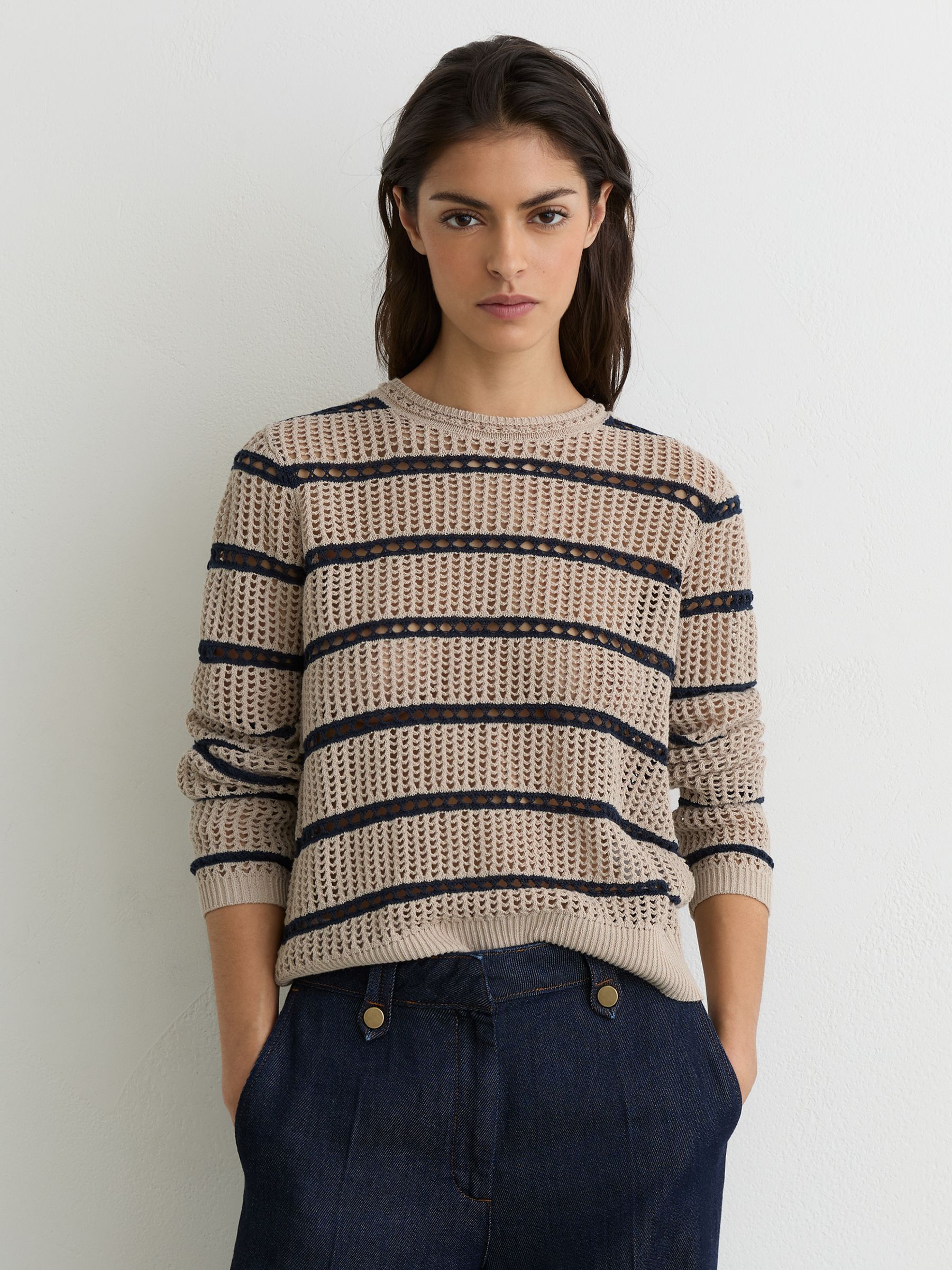 Cotton-Blend Open-Knit Stripe Jumper in Neutral/Navy - image 5