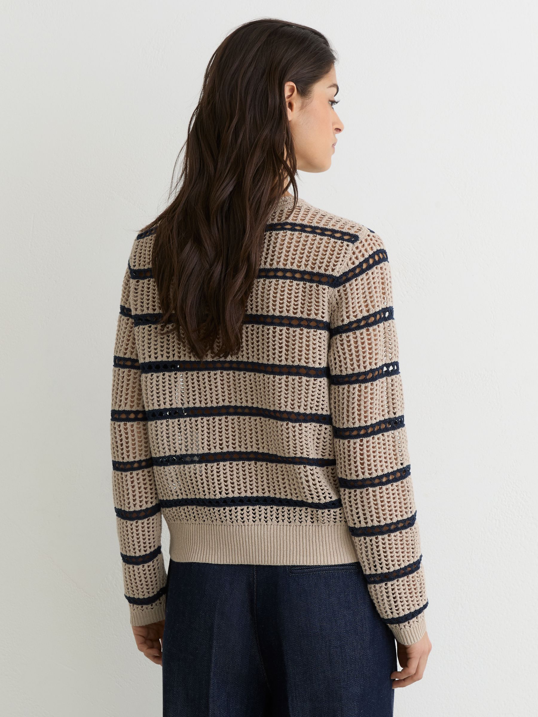 Cotton-Blend Open-Knit Stripe Jumper in Neutral/Navy - image 3