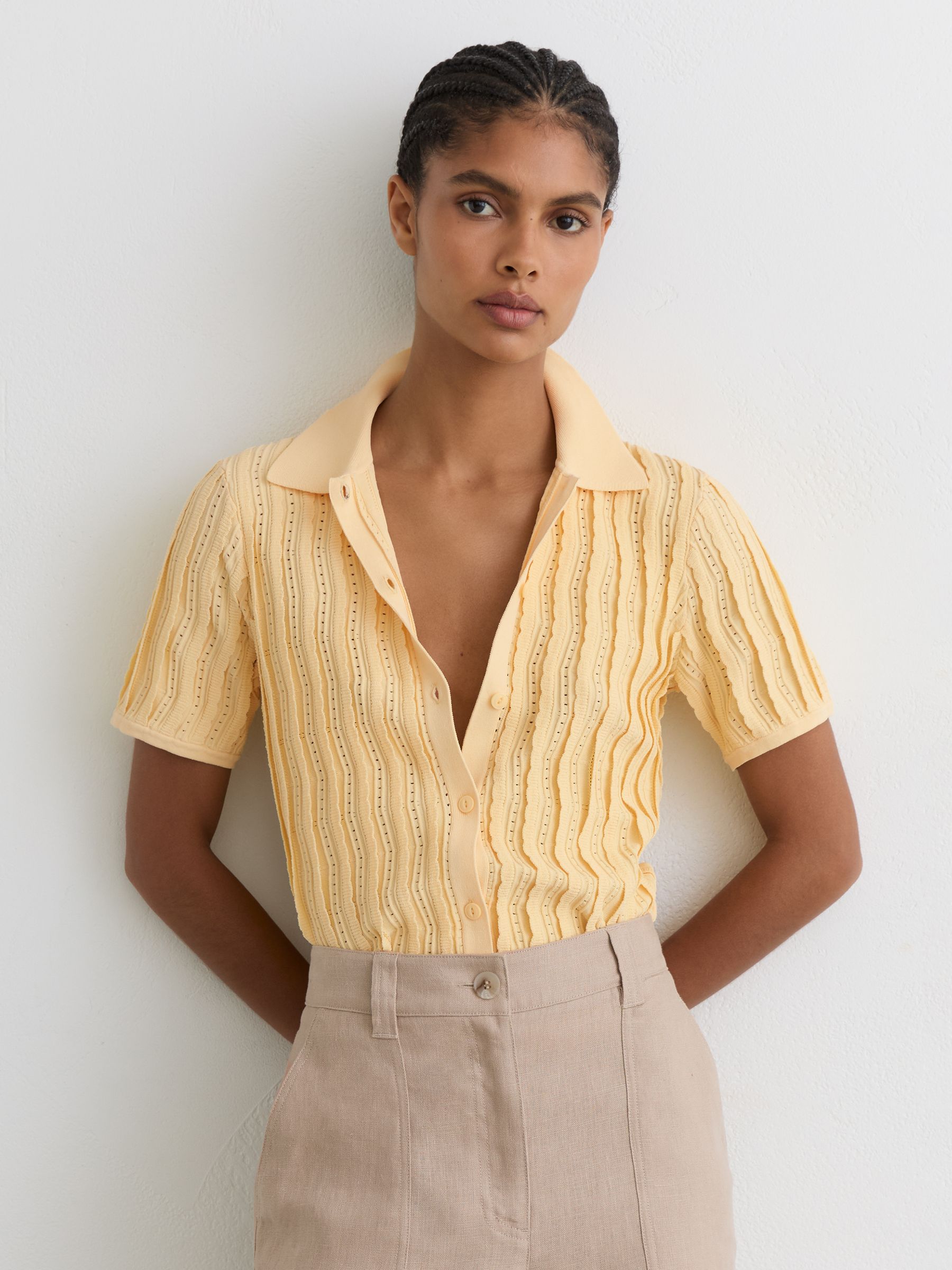 Stitch-Detail Short-Sleeve Knitted Shirt in Buttermilk Yellow - Image 1 of 6