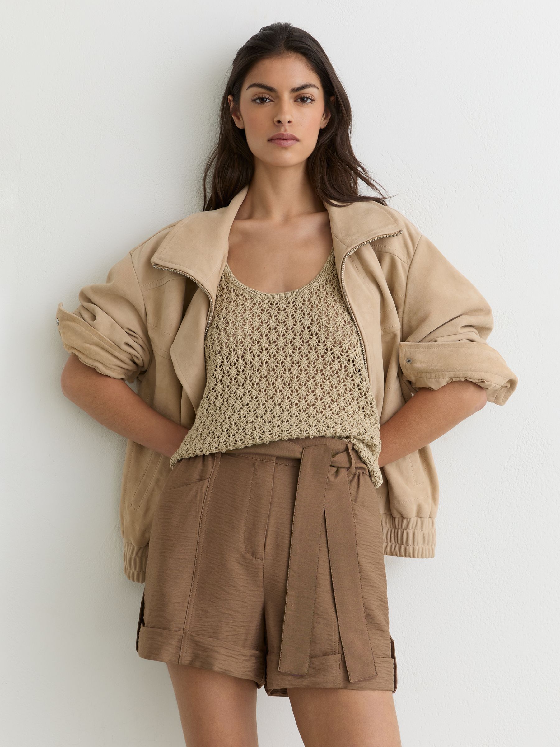 Belted Button-Tab Short in Neutral - Image 1 of 7