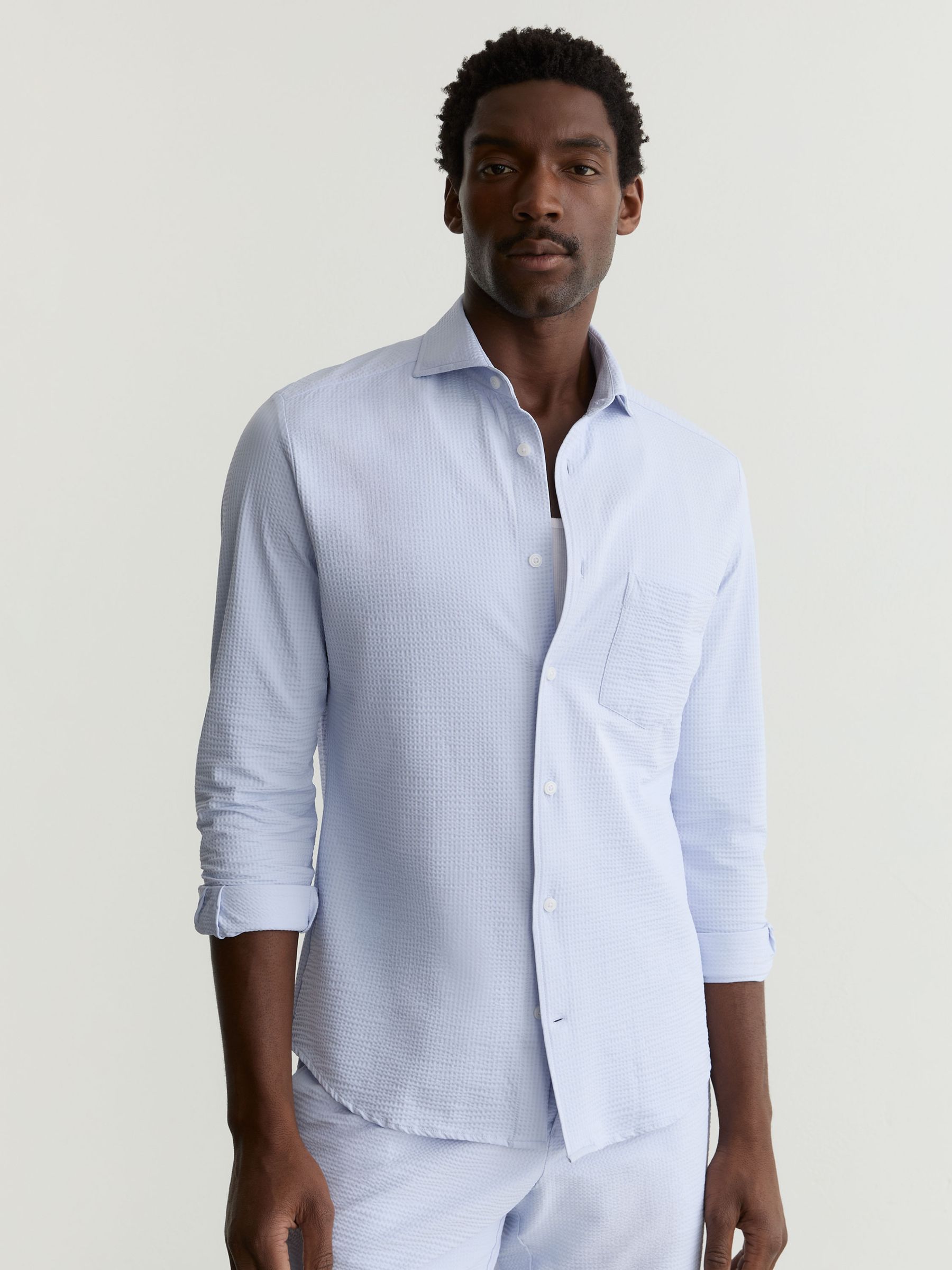 Seersucker Cutaway-Collar Regular-Fit Shirt in Soft Blue - Image 1 of 6