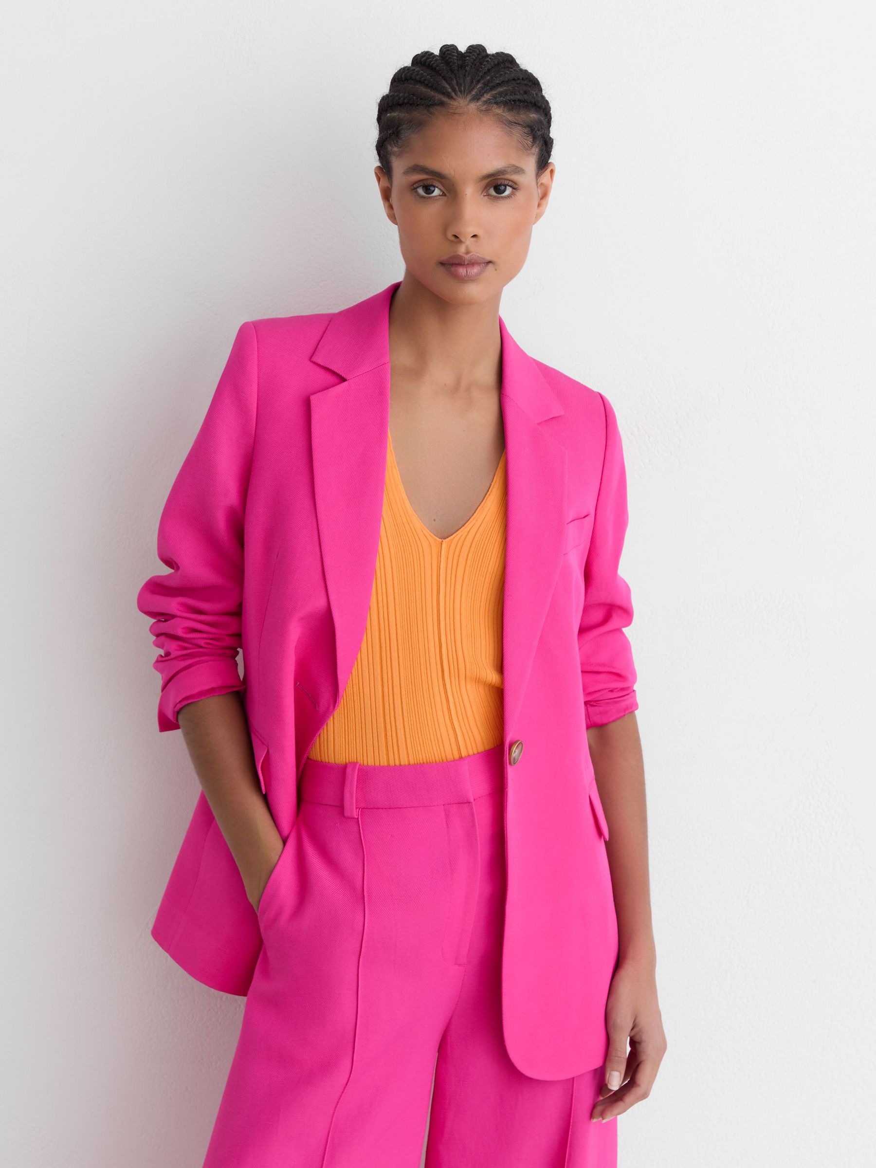 Single-Breasted Suit Blazer with Linen in Pink - image 5