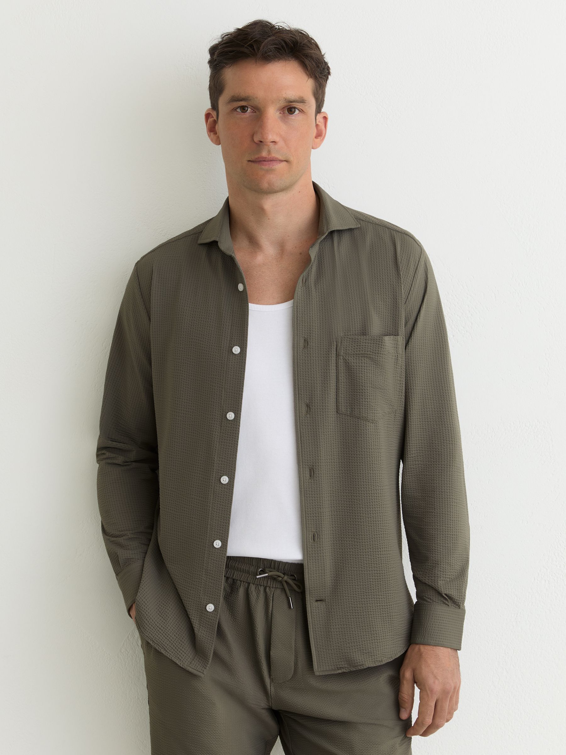 Seersucker Cutaway-Collar Regular-Fit Shirt in Dark Sage Green - Image 1 of 6
