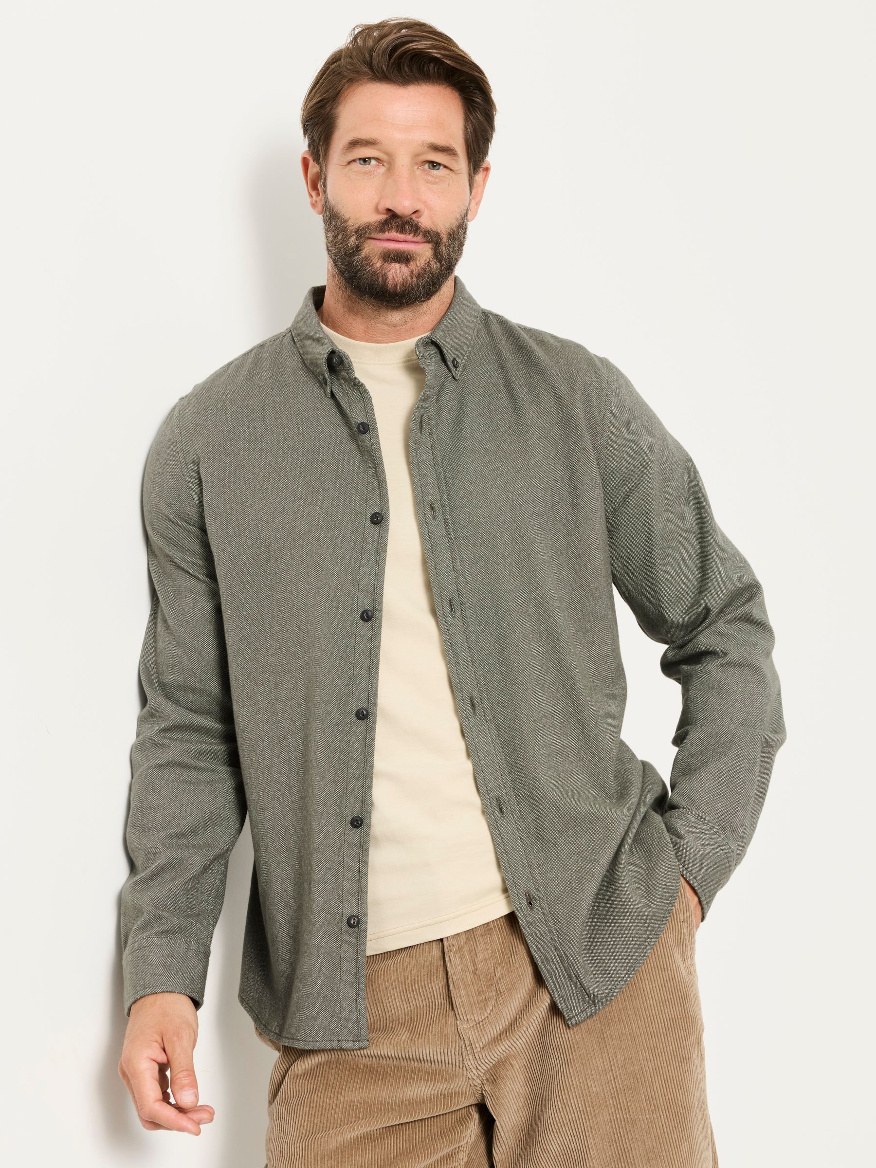 Tadwick Khaki Green Long Sleeve Brushed Shirt - Image 1 of 5