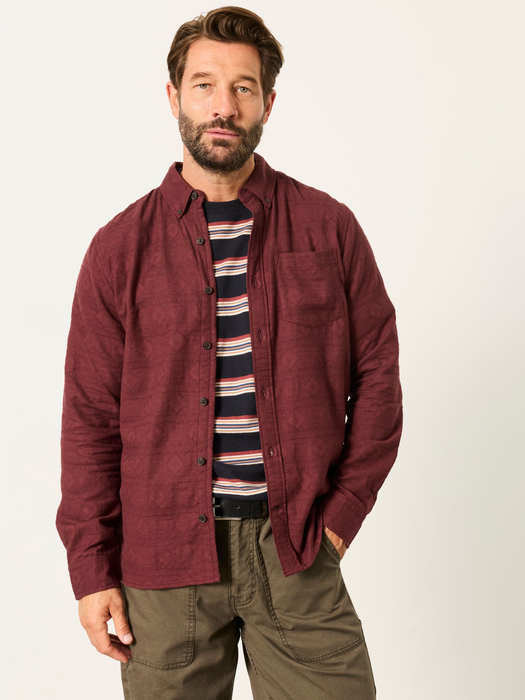 Wanson Burgundy Red Long Sleeve Jacquard Pattern Shirt - Image 1 of 5 Wanson Burgundy Red Long Sleeve Jacquard Pattern Shirt - Image 1 of 5