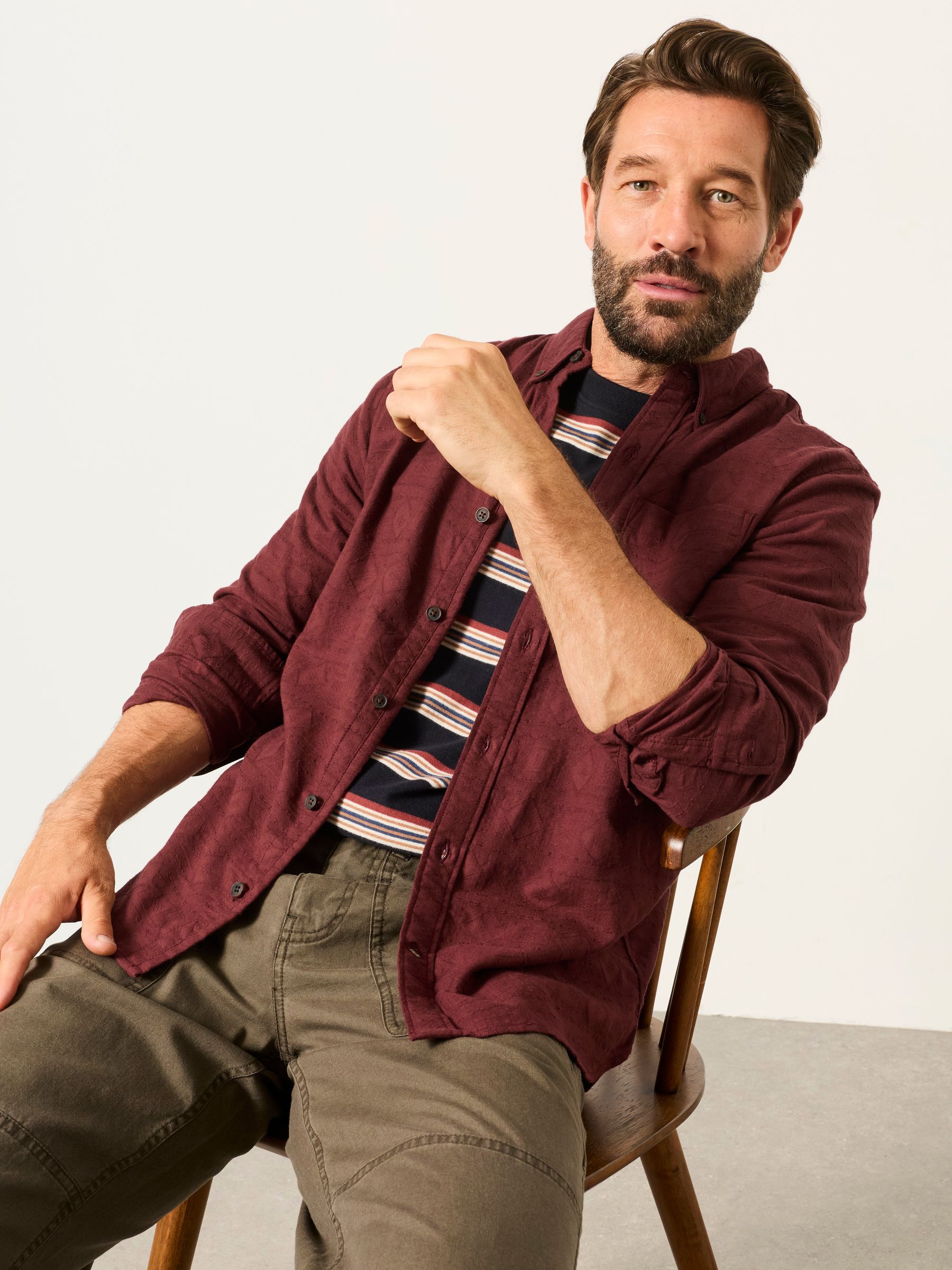 Wanson Burgundy Red Long Sleeve Jacquard Pattern Shirt - Image 4 of 5