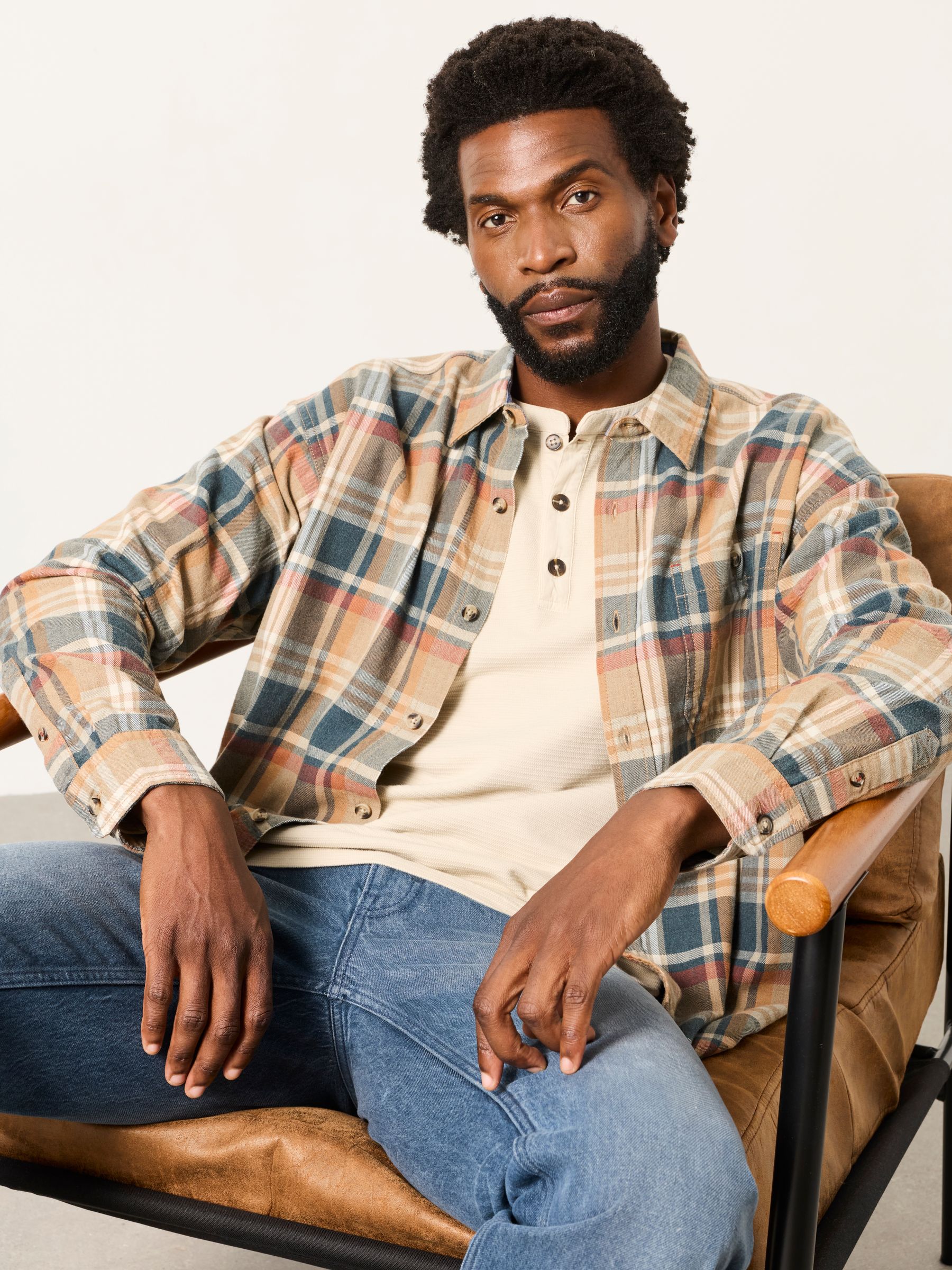 Vassa Natural Long Sleeve Relaxed Fit Check Shirt - Image 4 of 5