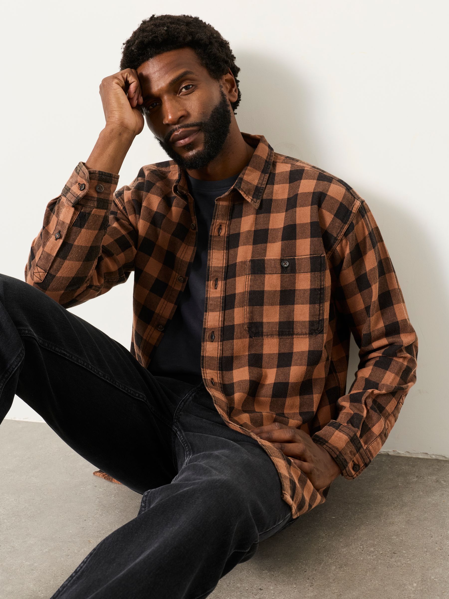 Thursby Rust Brown Long Sleeve Relaxed Fit Check Shirt - Image 4 of 6