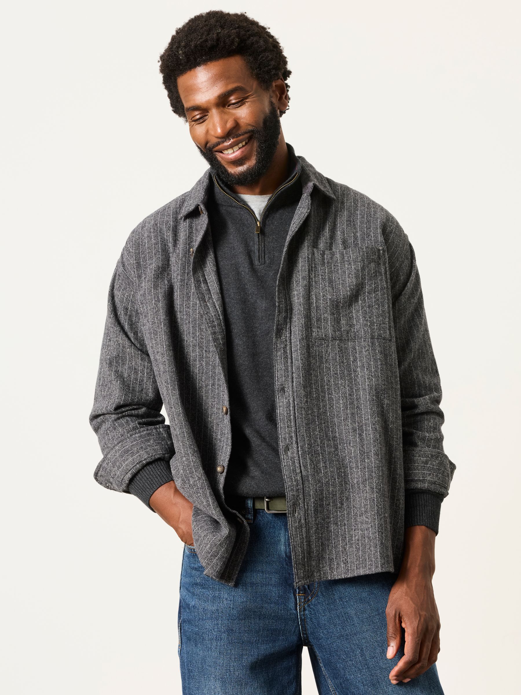 Long Sleeve Relaxed Fit Herringbone Stripe Brushed Shirt in Charcoal Grey - Image 1 of 6