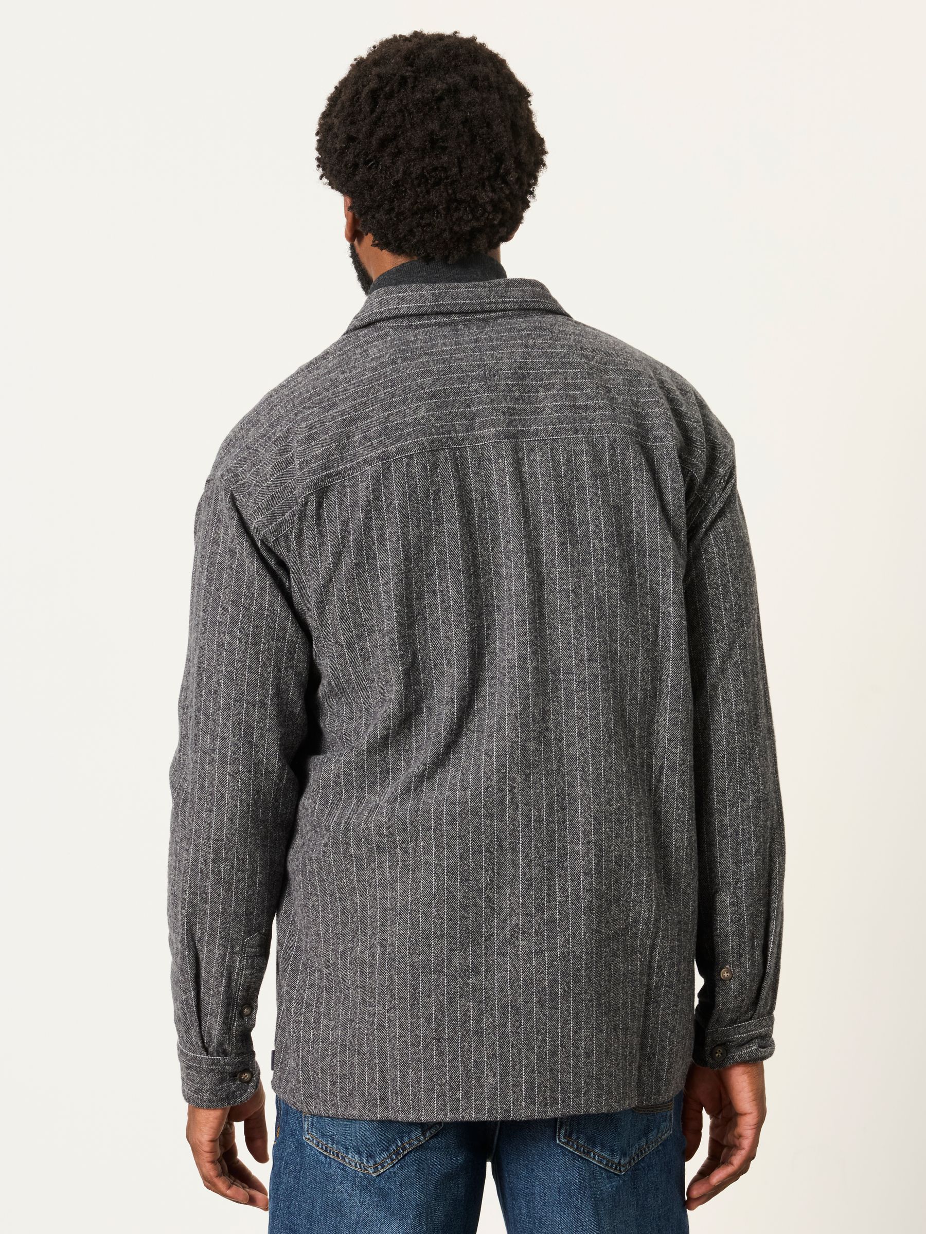 Long Sleeve Relaxed Fit Herringbone Stripe Brushed Shirt in Charcoal Grey - Image 2 of 6