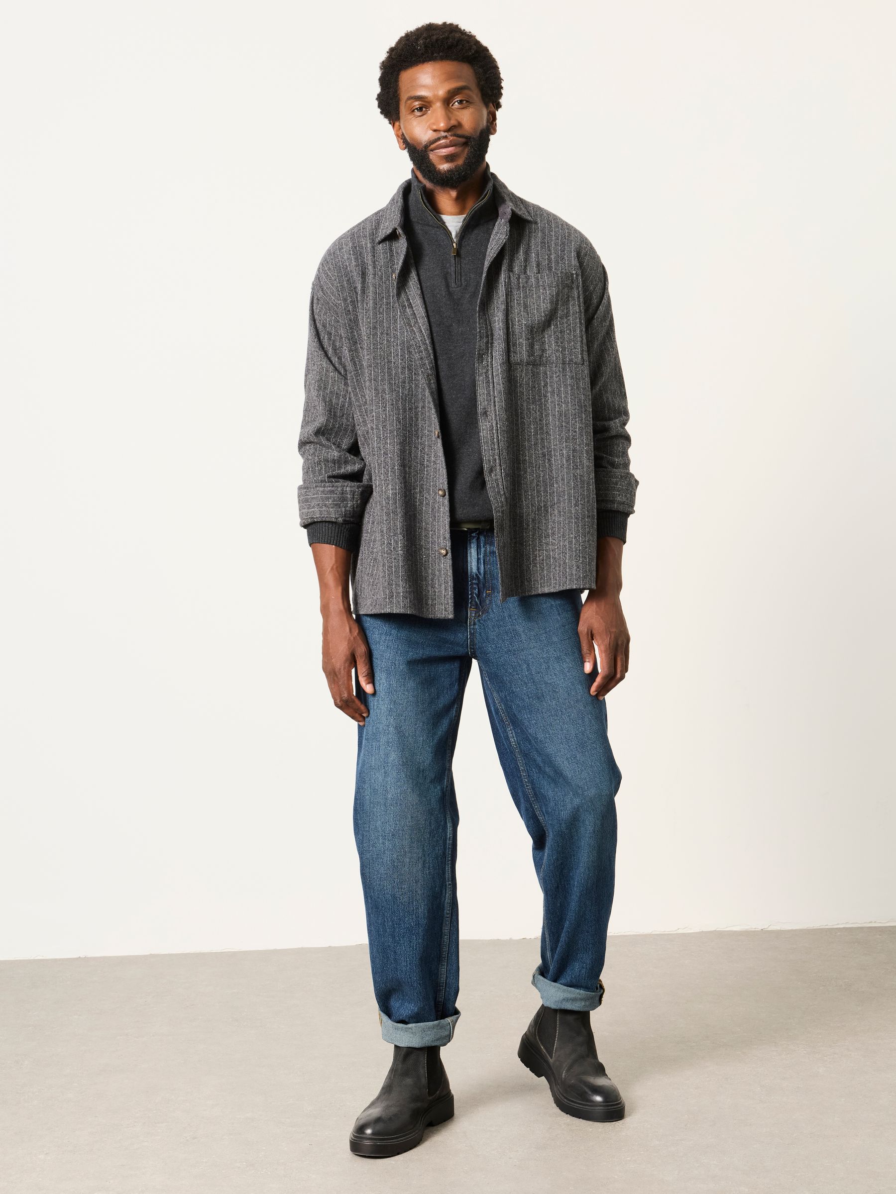 Long Sleeve Relaxed Fit Herringbone Stripe Brushed Shirt in Charcoal Grey - Image 3 of 6