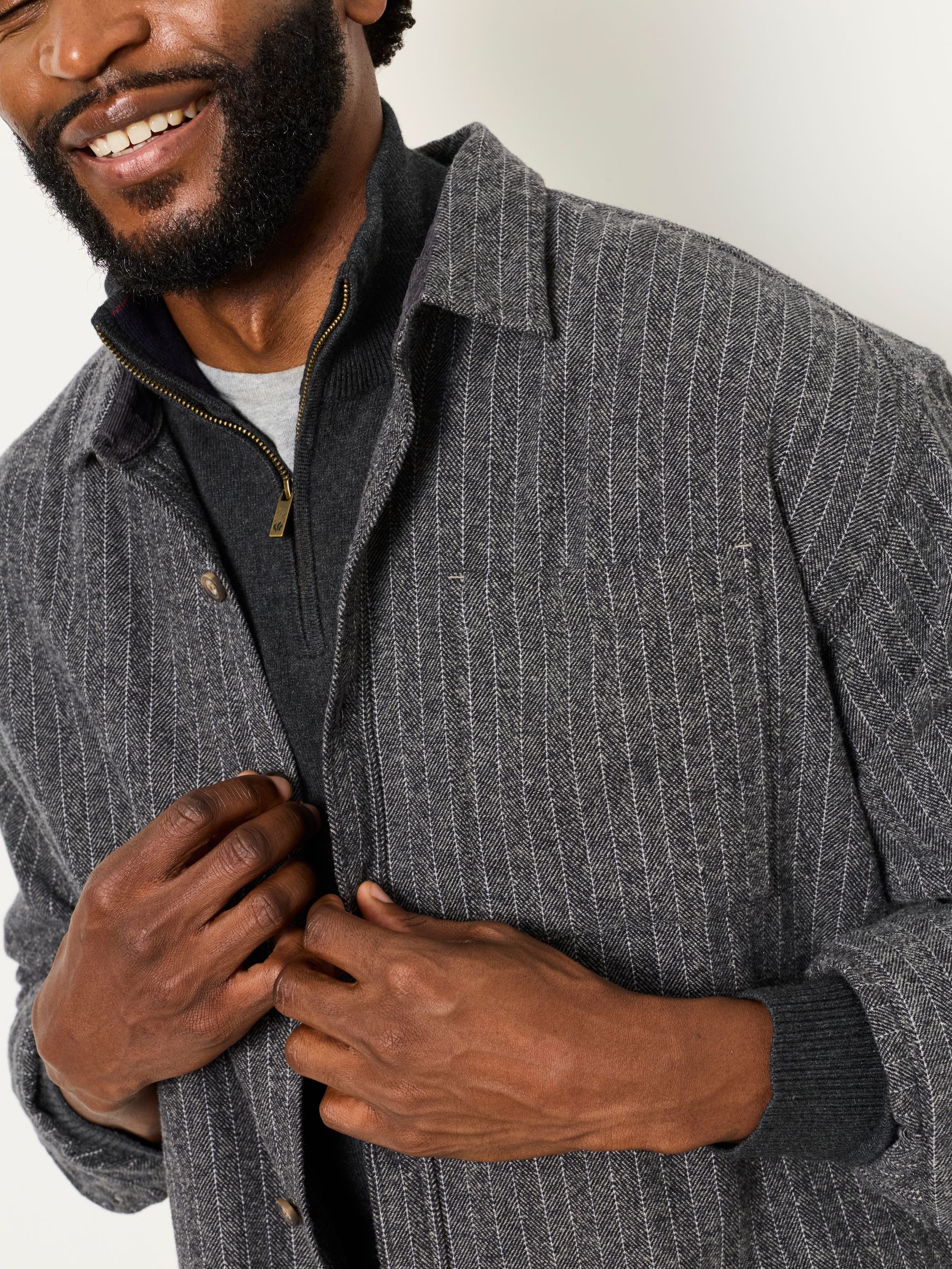 Long Sleeve Relaxed Fit Herringbone Stripe Brushed Shirt in Charcoal Grey - Image 5 of 6