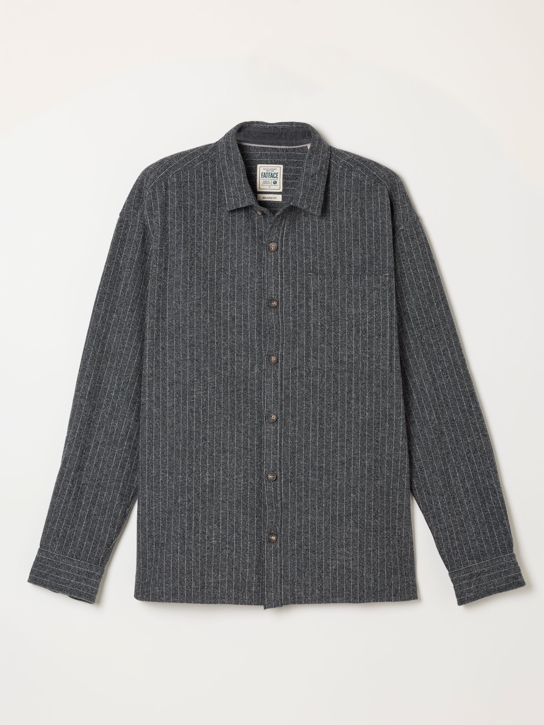 Long Sleeve Relaxed Fit Herringbone Stripe Brushed Shirt in Charcoal Grey - Image 6 of 6