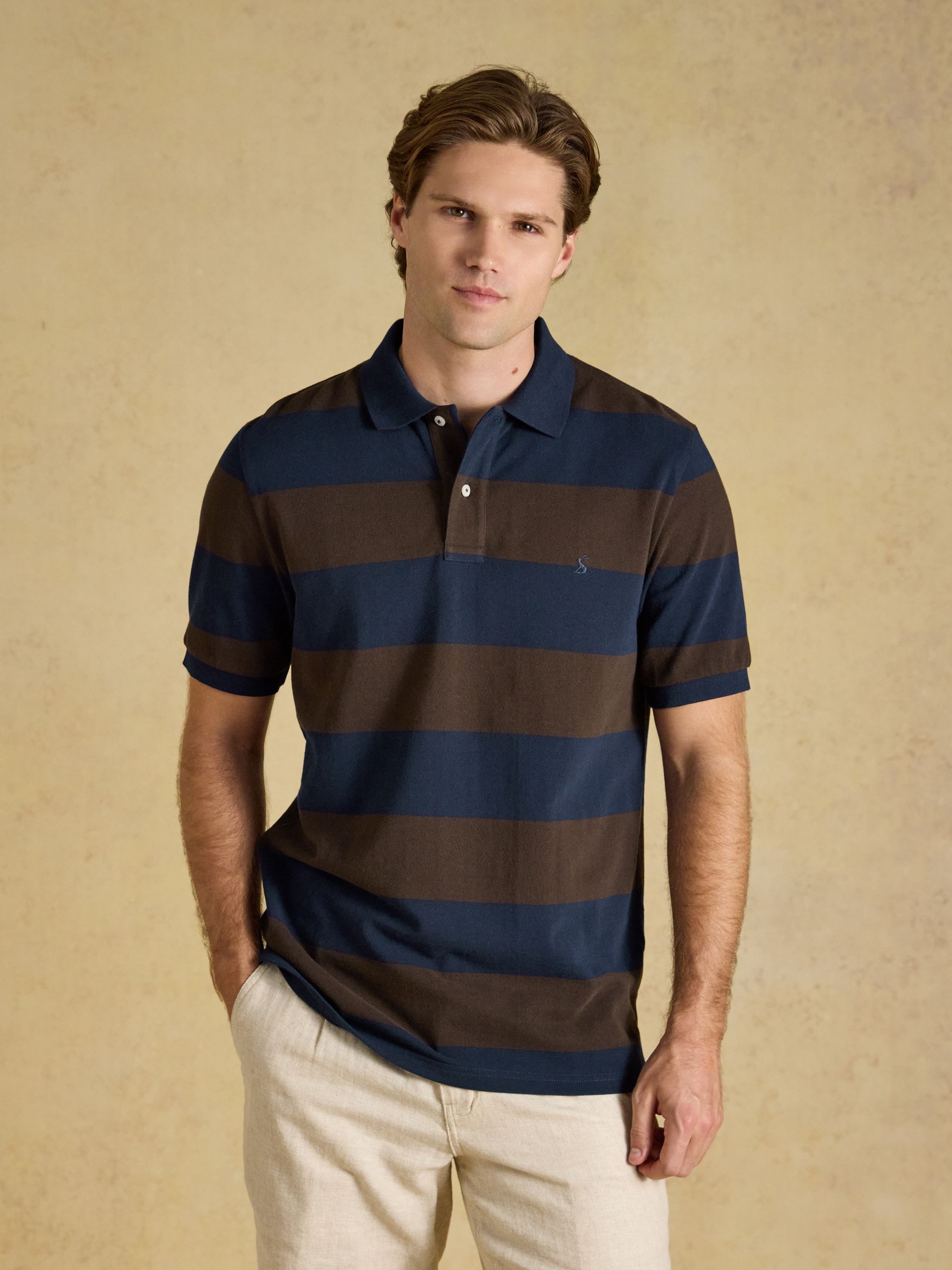Woody Navy & Brown Striped Short Sleeve Cotton Pique Polo Shirt - Image 1 of 8