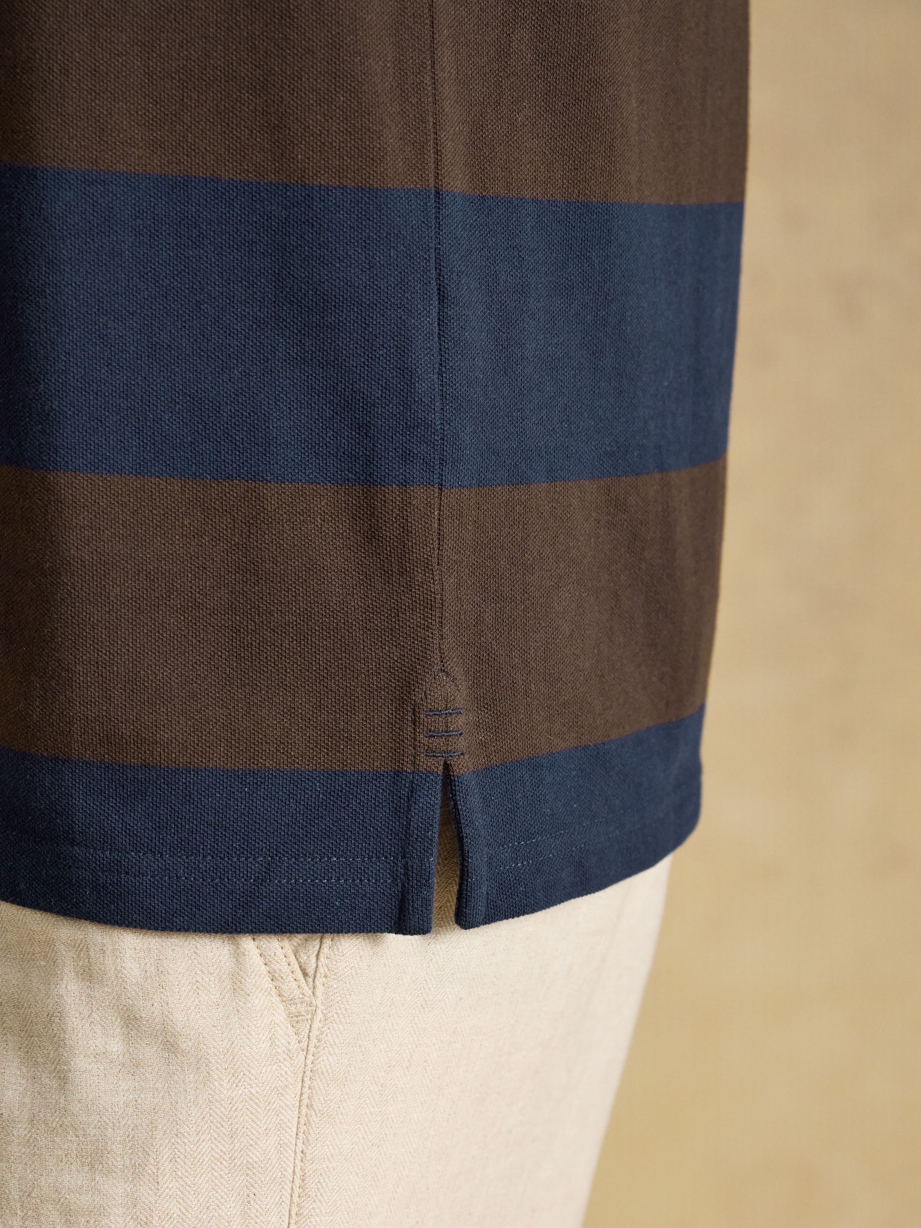 Woody Navy & Brown Striped Short Sleeve Cotton Pique Polo Shirt - Image 7 of 8