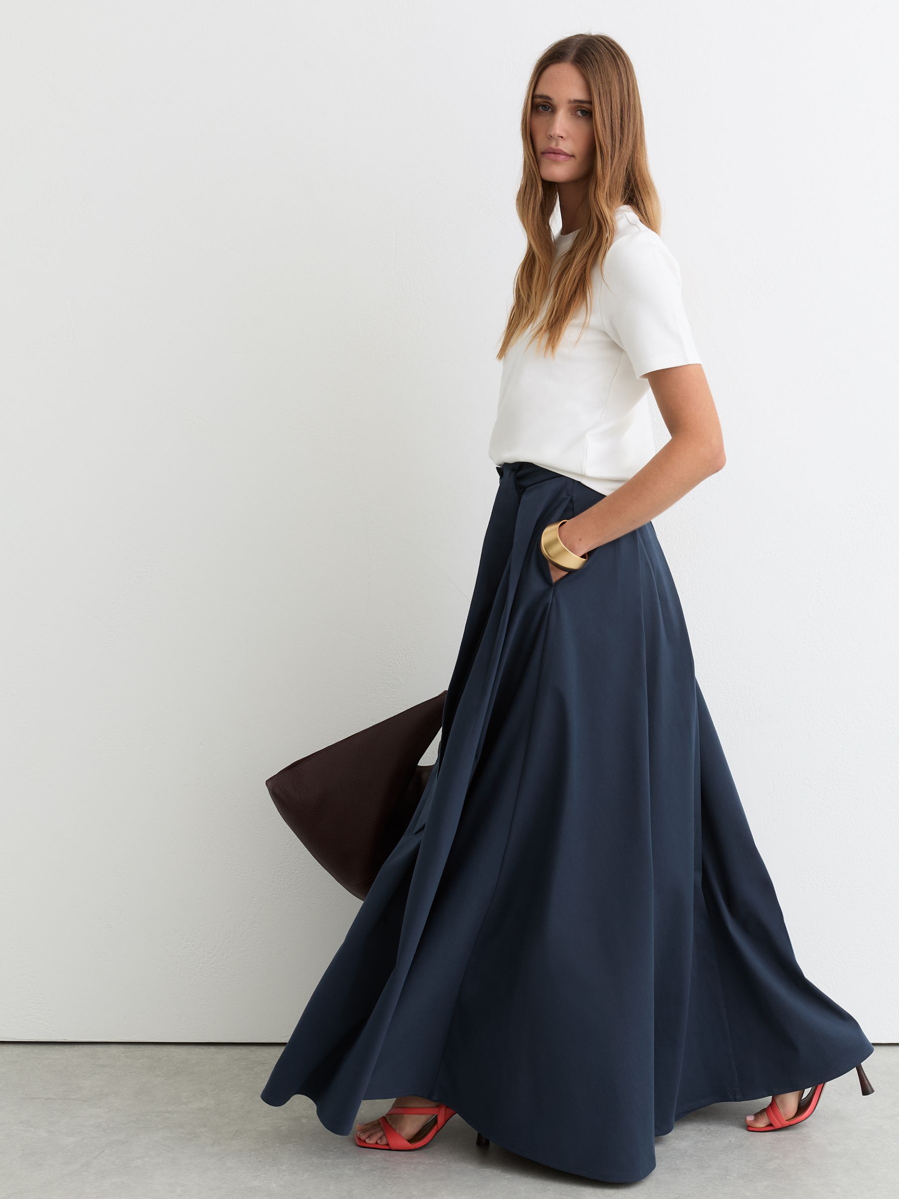 Cotton-Blend Pleated Maxi Skirt in Navy - image 4