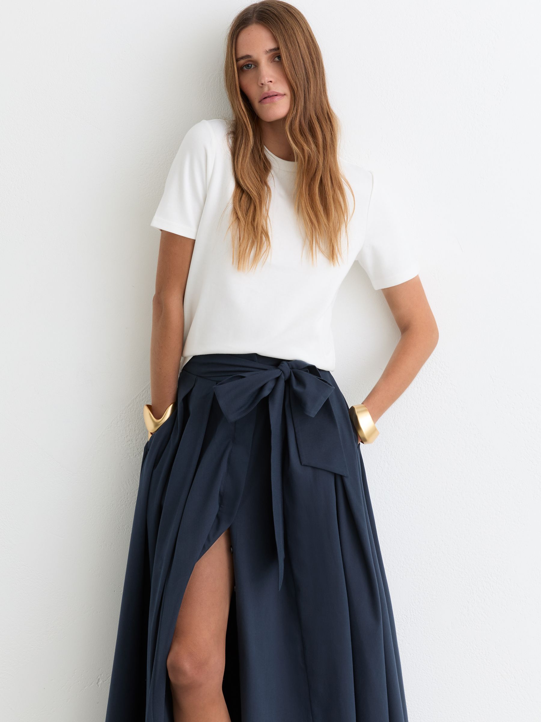 Cotton-Blend Pleated Maxi Skirt in Navy - Image 4 of 6