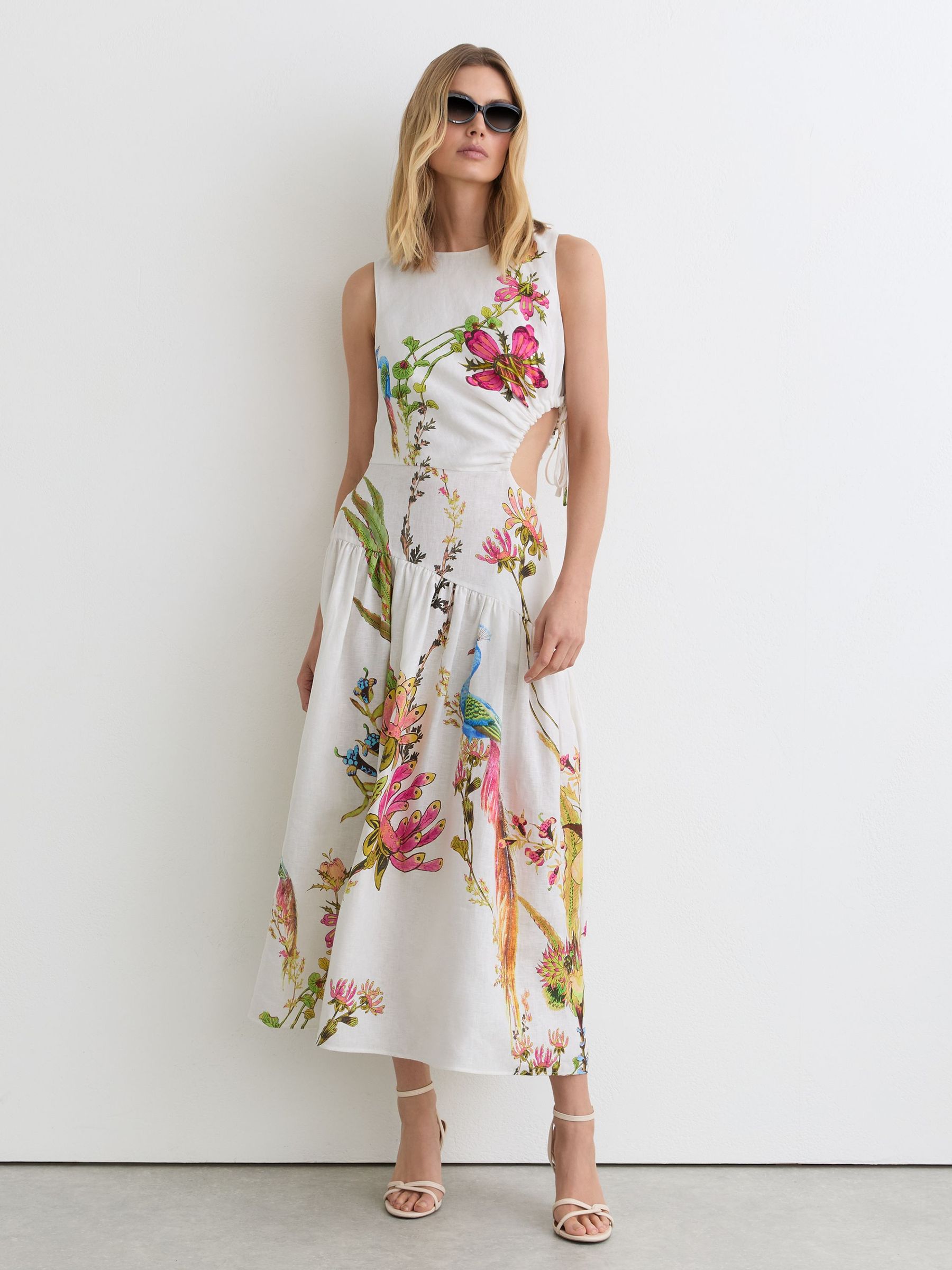 Petite Linen Floral-Print Cut-Out Midi Dress in Ivory - image 2