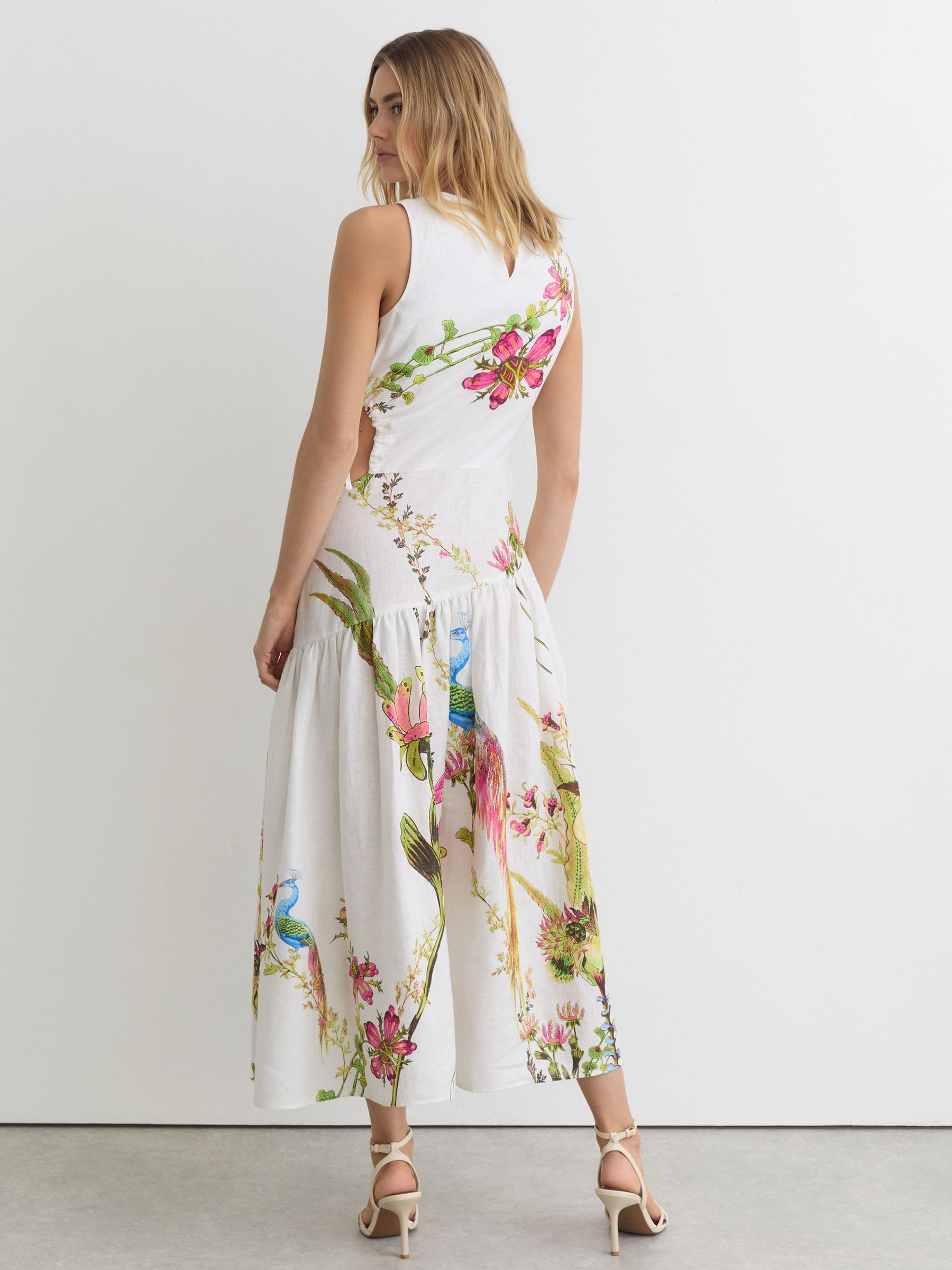 Petite Linen Floral-Print Cut-Out Midi Dress in Ivory - image 4