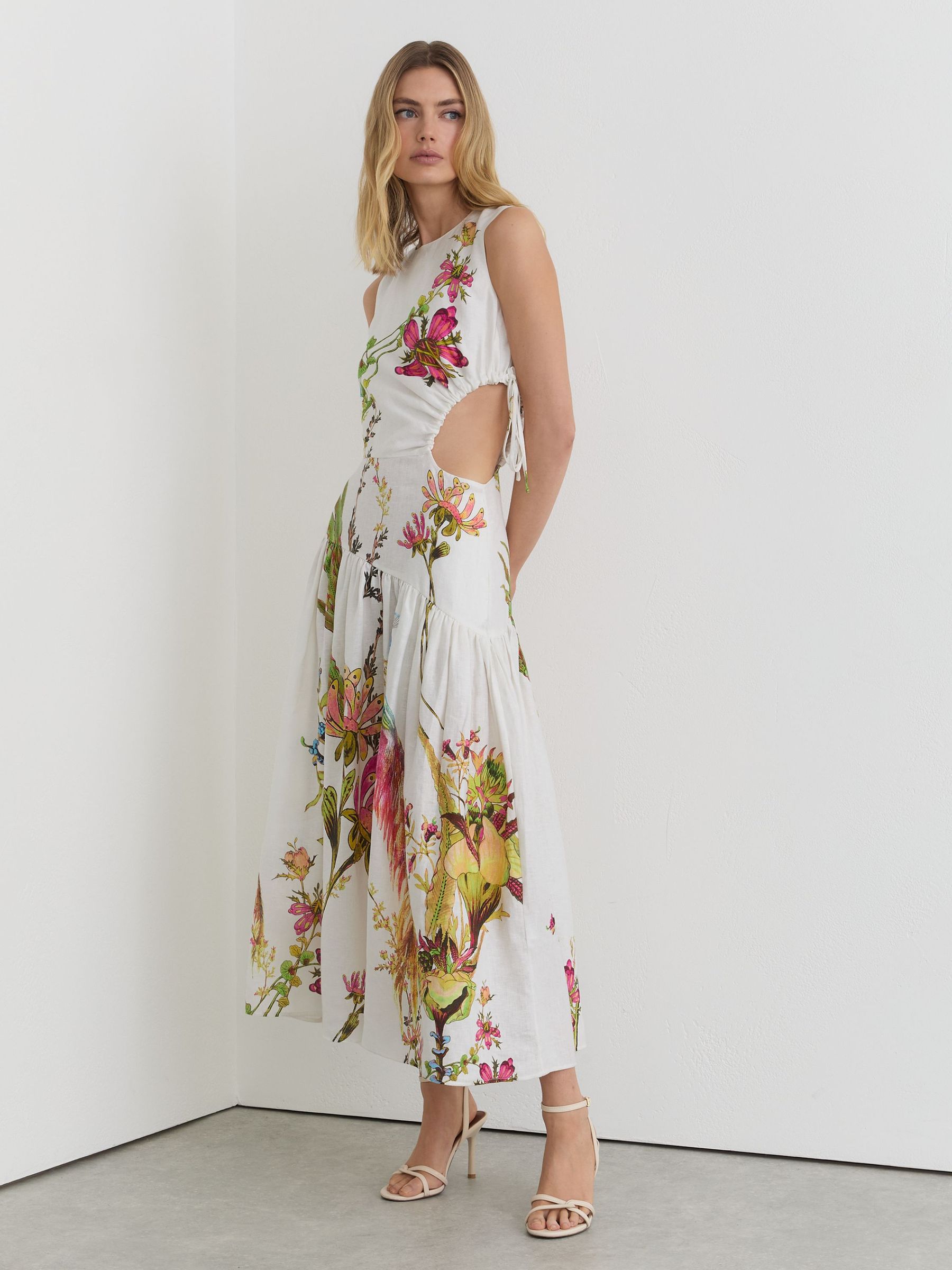 Petite Linen Floral-Print Cut-Out Midi Dress in Ivory - image 5