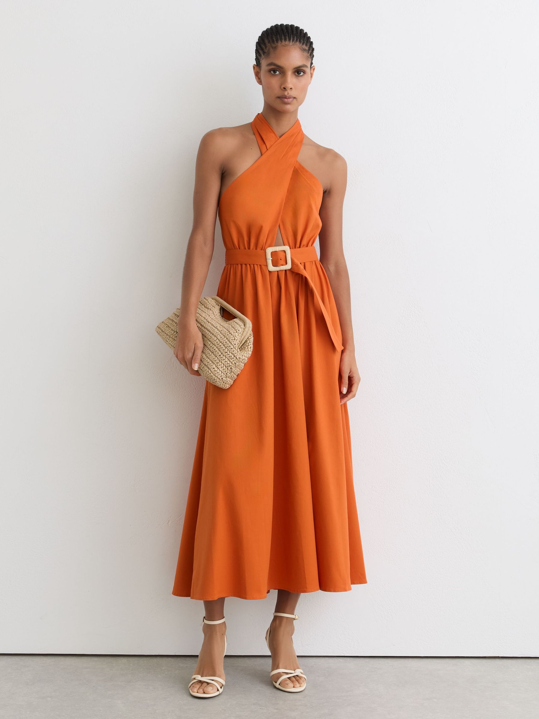 Cotton Halterneck Belted Midi Dress in Orange - image 2