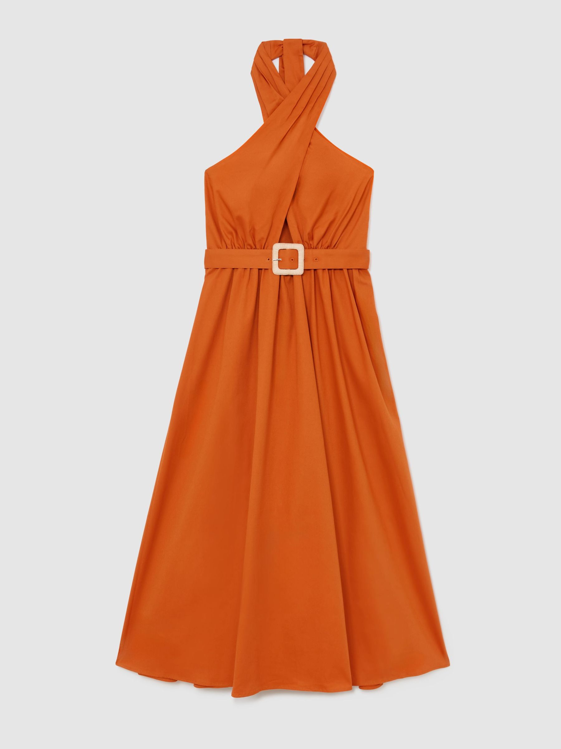 Cotton Halterneck Belted Midi Dress in Orange - image 1