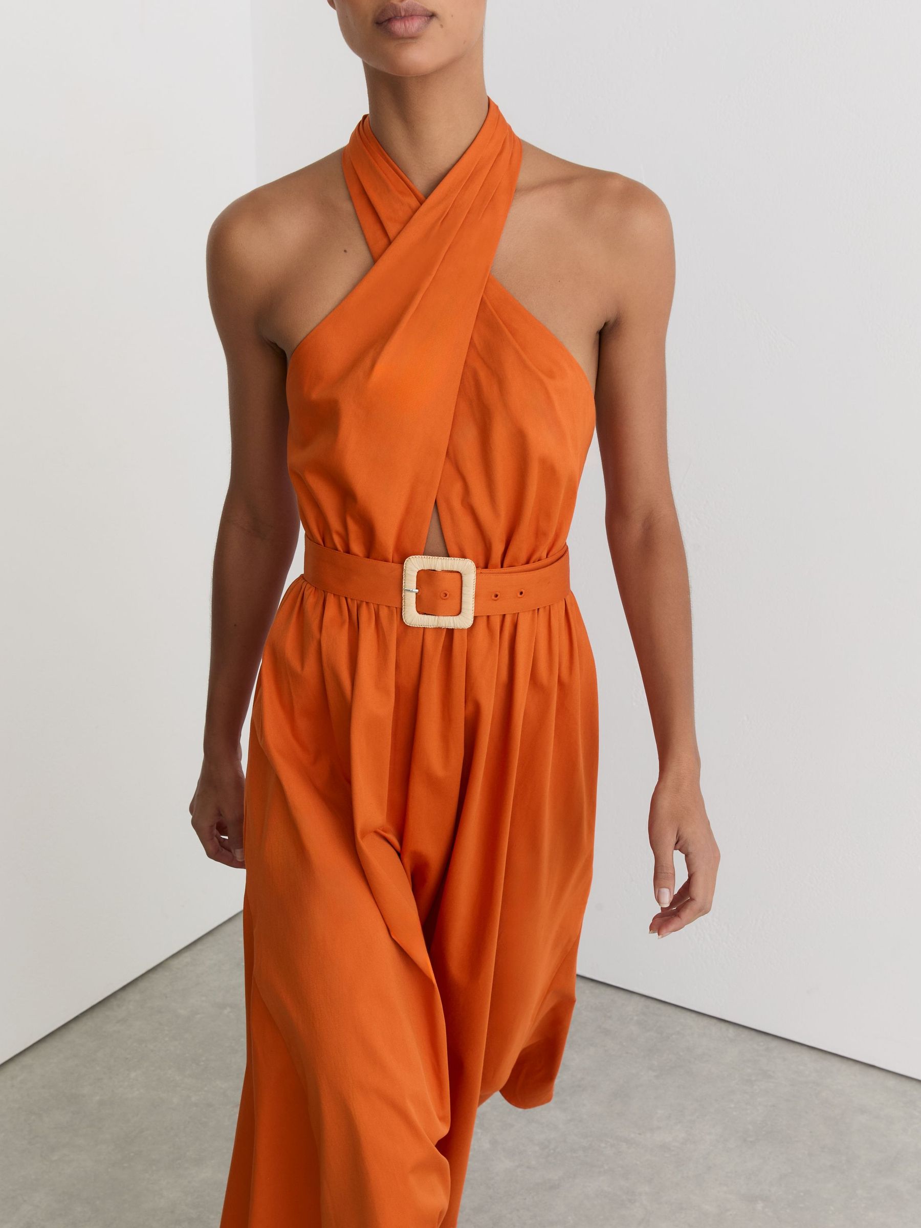 Cotton Halterneck Belted Midi Dress in Orange - image 5